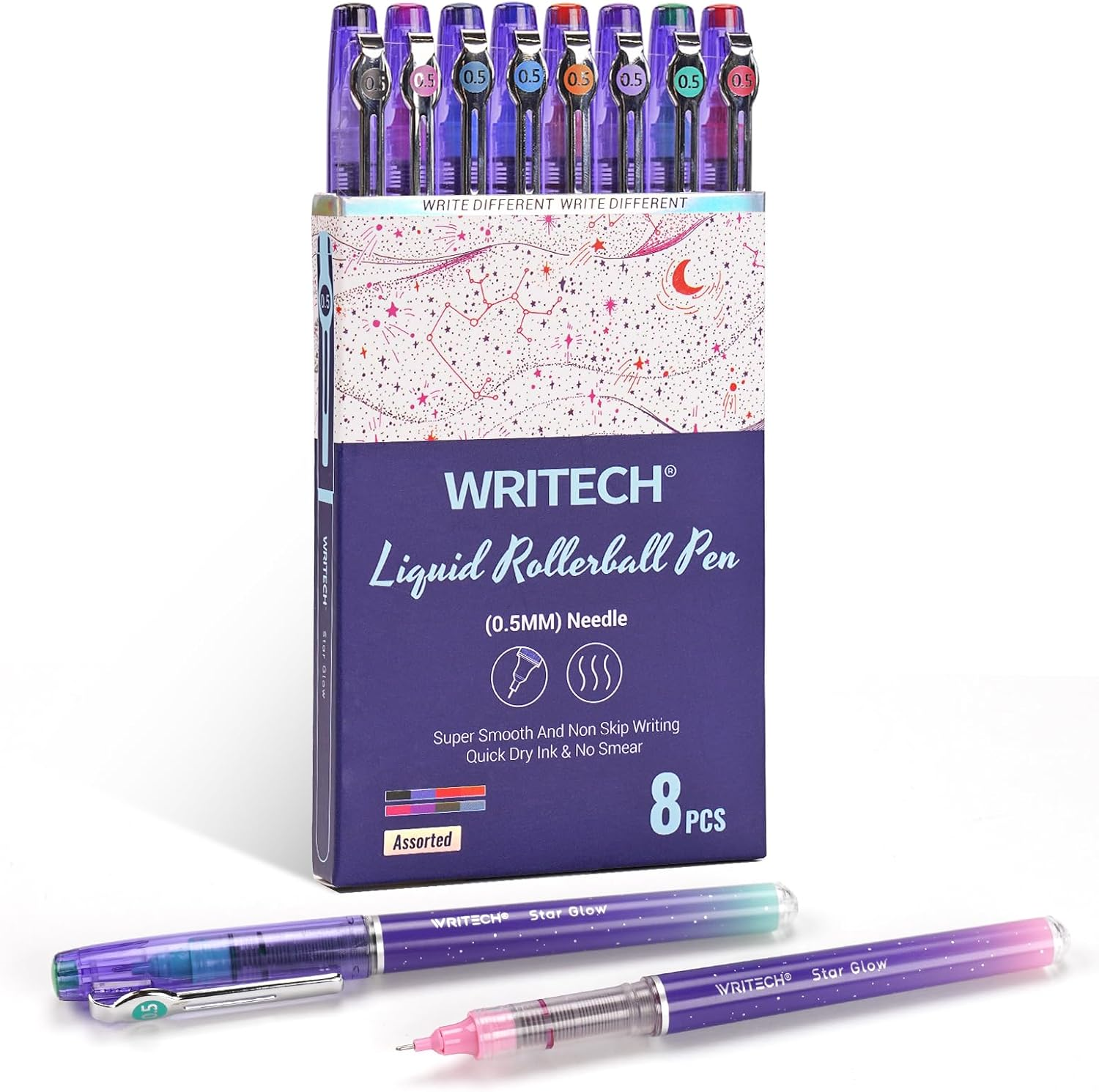 WRITECH Liquid Ink Rollerball Pens: 8Ct Assorted Colors Extra Fine Point Tip 0.5Mm Roller Ball Rolling Pen for Smooth Writing Coloring Drawing Journaling No Bleed & Smear &Smudge (WR-501SG)
