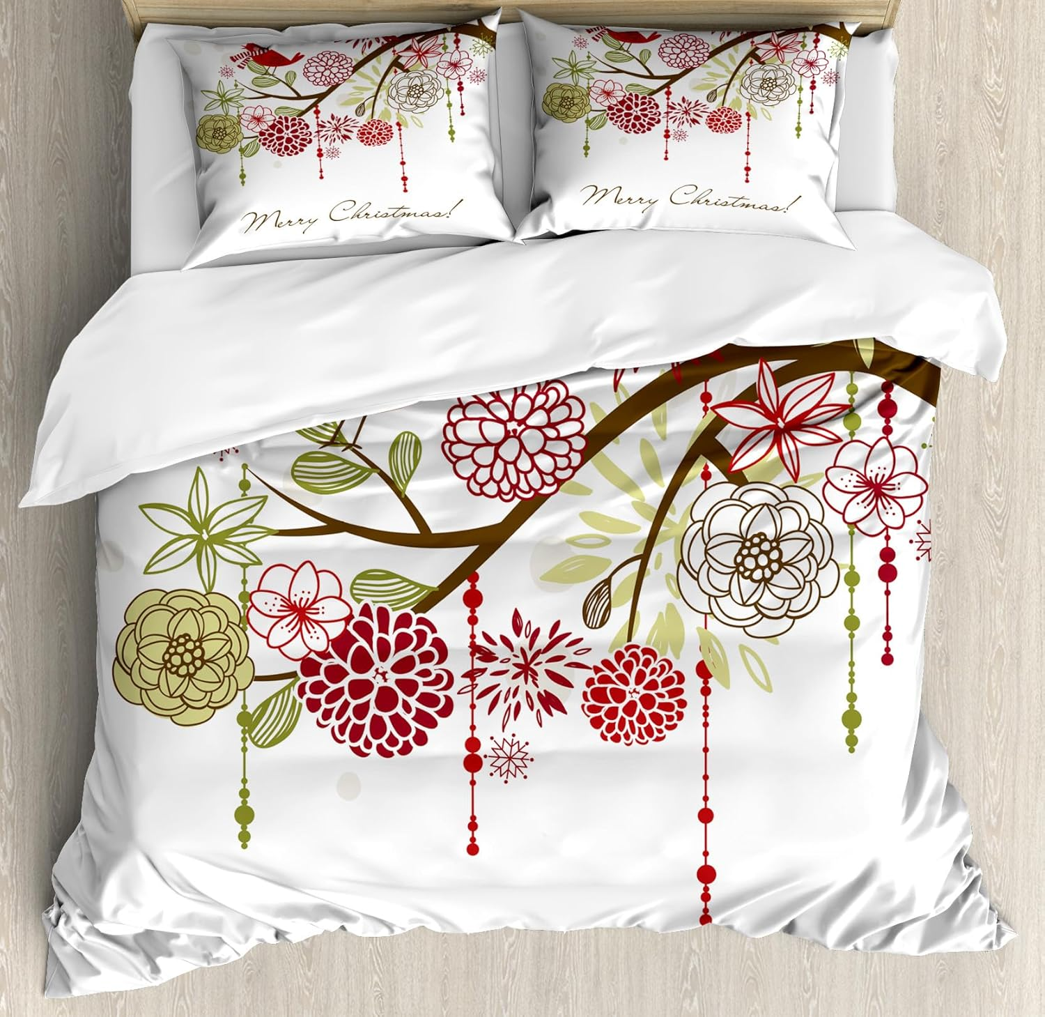 Ambesonne Christmas Duvet Cover Set Queen Size, Sacred Floral Winter Red Bird Hat and Scarf on Blooming Tree Nature Inspired, Decorative 3 Piece Bedding Set with 2 Pillow Shams, Green White image number 2