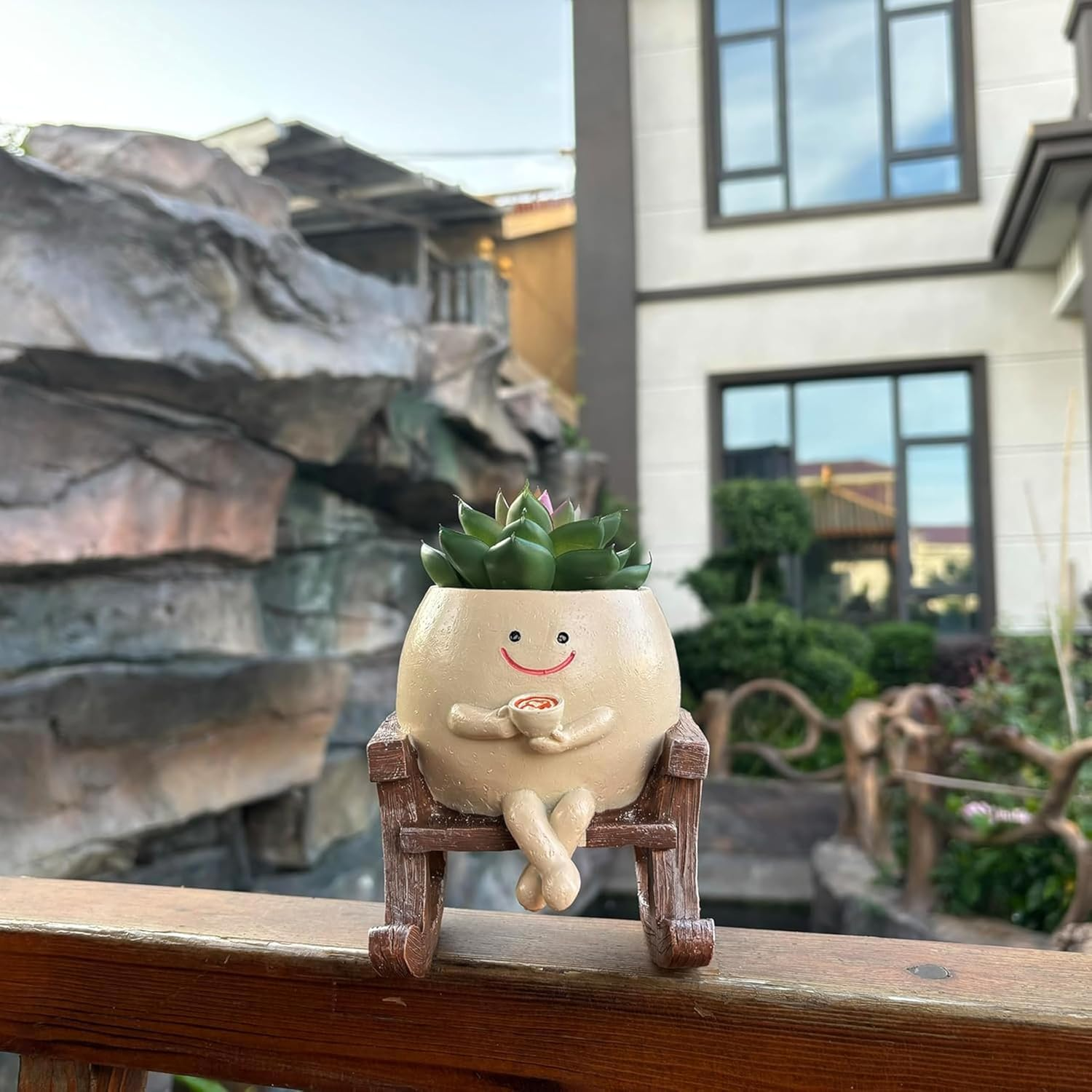 Swinging Smiley Face Plant Pot,Cute Coffee Plant Pots for Indoor Outdoor,Cute Head Resin Rocking Chair Plant Pots,Rocking Chair Succulent Flower Pots with Drainage Hole, Gift Ideai for Birthday image number 5