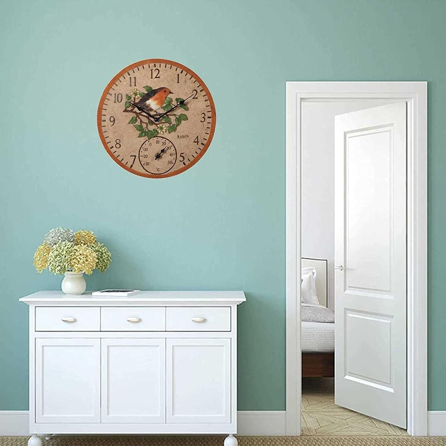 Wall Clock Thermometer | Wall Clock Thermometer Clock - Thermometer with Clock, Battery Operated round Clock Wall Decorative for Patio Garden image number 5