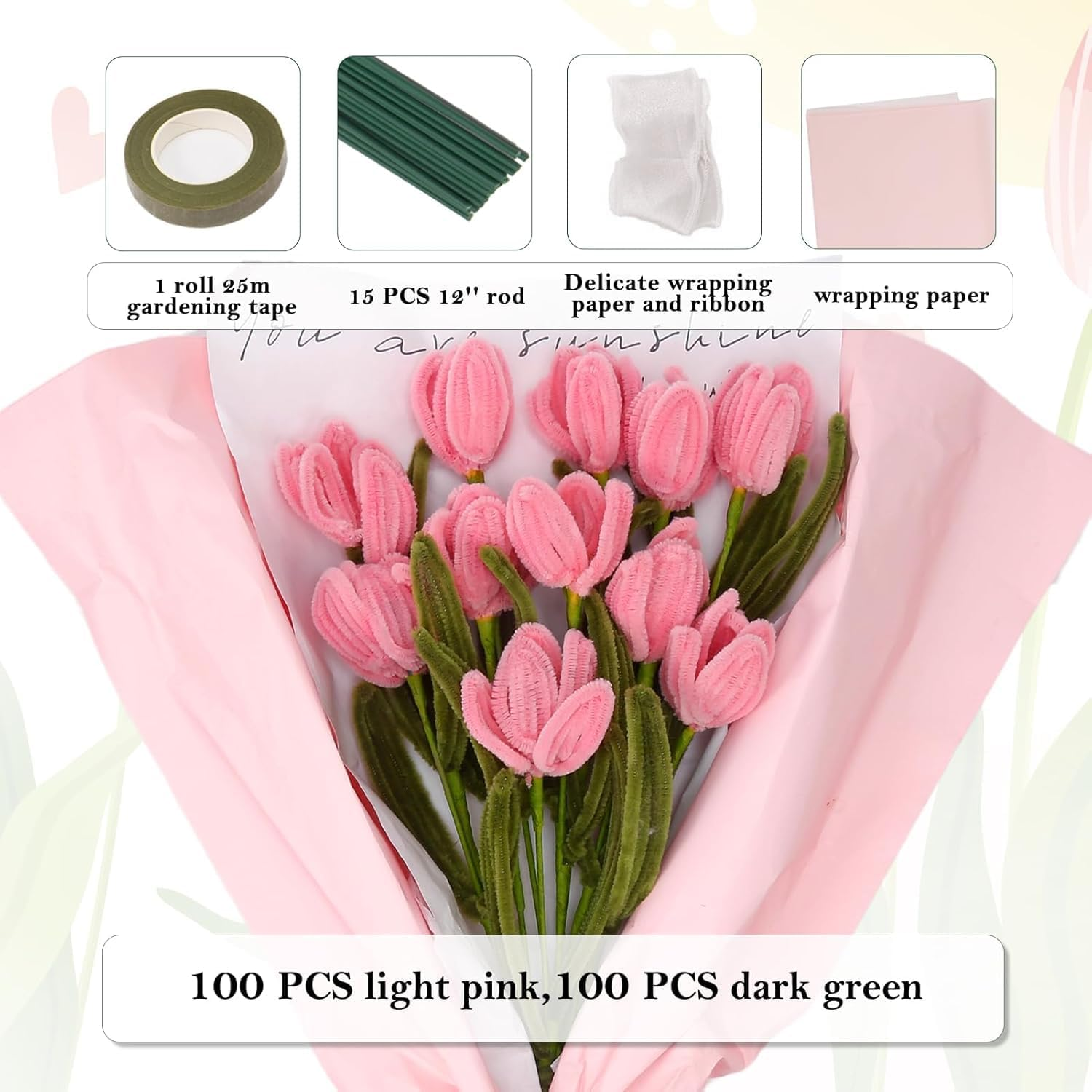 200 Pieces Pipe Cleaners Craft Supplies DIY Chenille Stems Tulip Bouquet Kit Craft Supplies Bulk for DIY Art and Craft Projects Creative Gift Wrapping Party Decorations