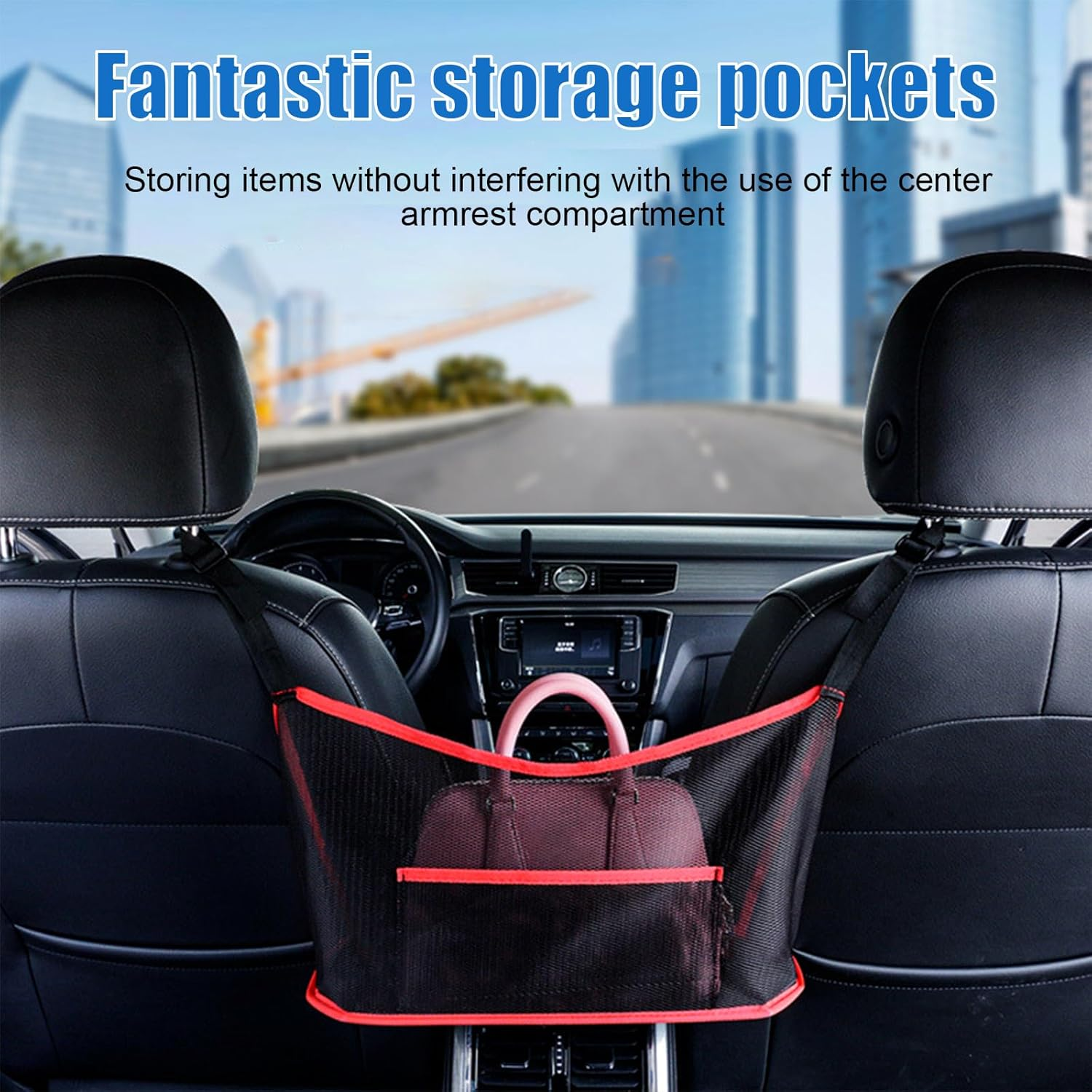 Ziciner Car Net Pocket Handbag Holder, Organizer Mesh Bag between Two Seat, Driver Storage Netting Pouch for Handbag Purse, Barrier of Backseat Pet Kids, Car Accessories for Women Men (Black&Red) - Black image number 5