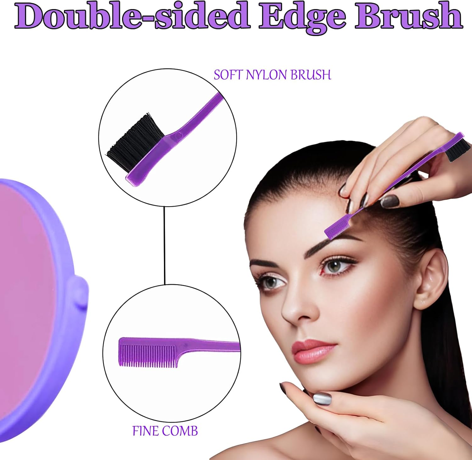3Pcs Styling Hair Brush Set, Rat Tail Comb, Double-Sided Edge Brush, Bristle Hair Brushr for Women Man, Purple - Pink image number 4