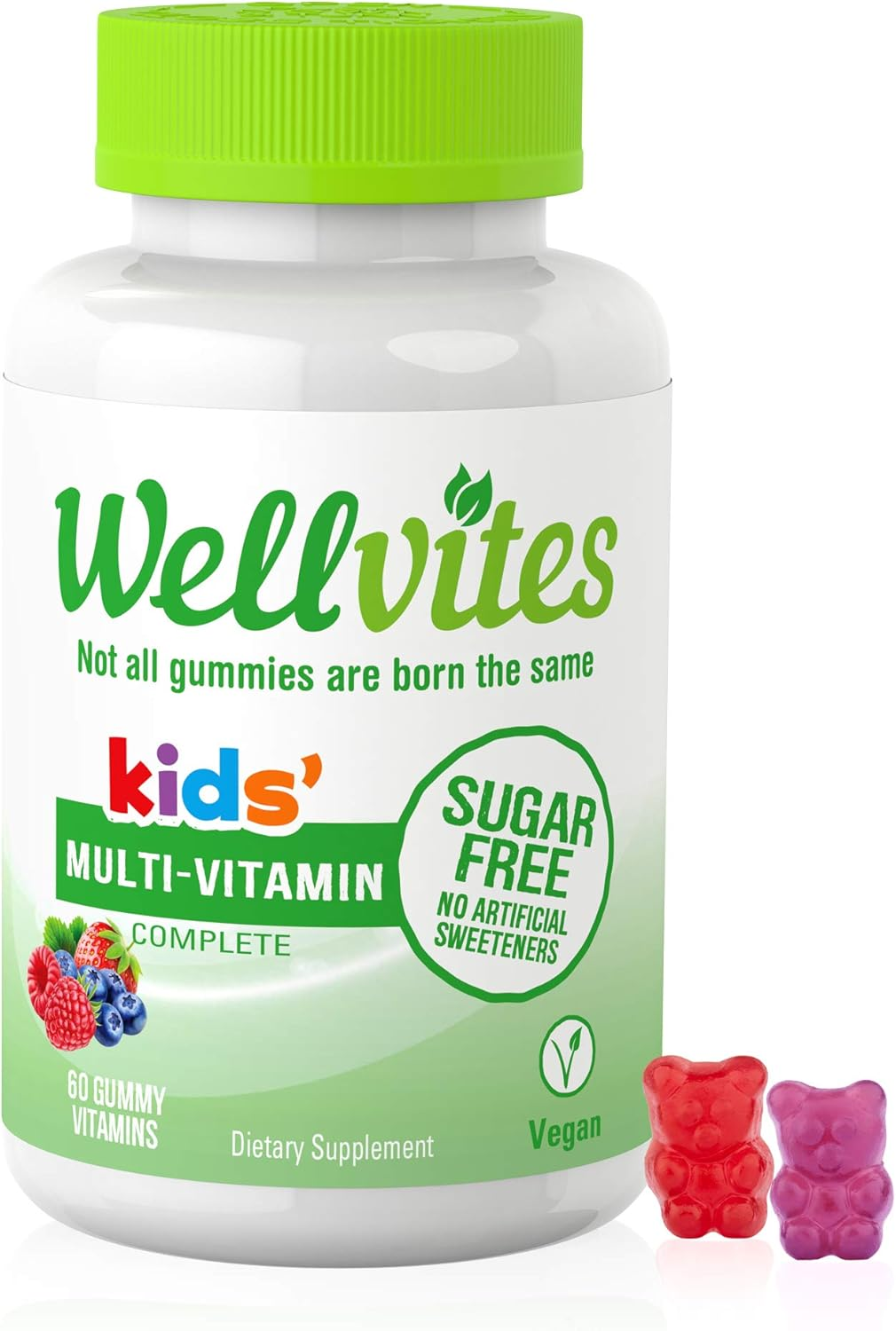 Wellvites Kids Sugar Free Daily Gummy Vitamin: Vegan, Sweetener Free, Gluten Free Multivitamin with 5G Fiber, Vitamin D3, Vitamin B6, 60 Count (30 Day Supply) image number 1