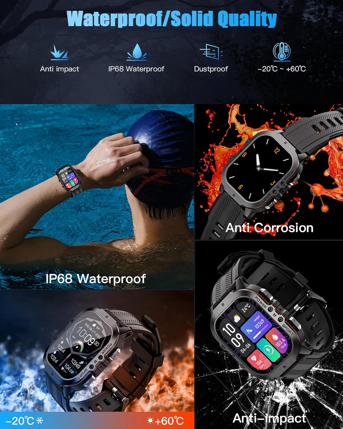 Rugged Smart Watch, 1.96-Inch AMOLED HD Display, Waterproof Fitness Step Count with Bluetooth Calling, 100+ Sport Modes, Blood Oxygen & Heart Rate Monitoring, Extended Battery Life for Android/Ios image number 5