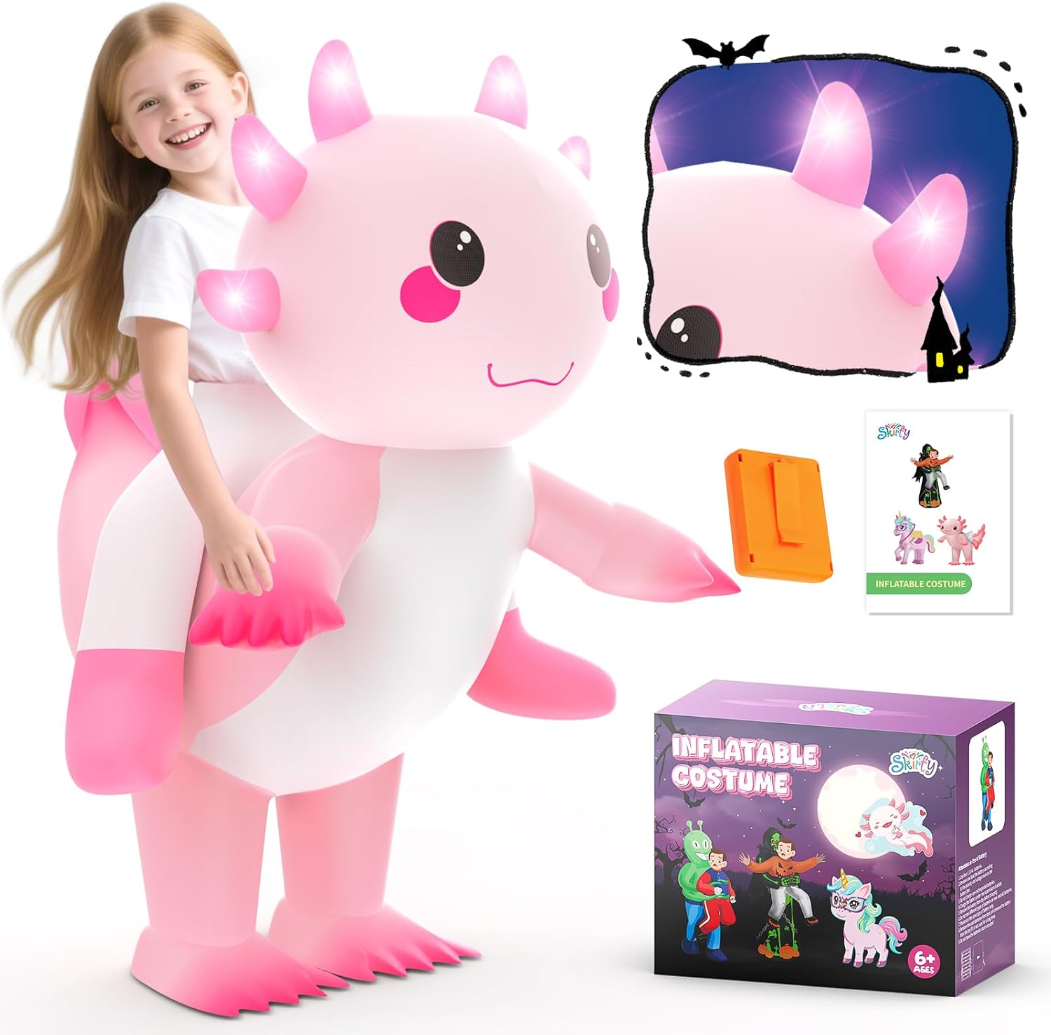 Inflatable Costume for Kids,Inflatable Axolotl Riding Costume with Lights,Halloween Glow in the Dark Blow up Costume for Girls Boys Cosplay Parties image number 4