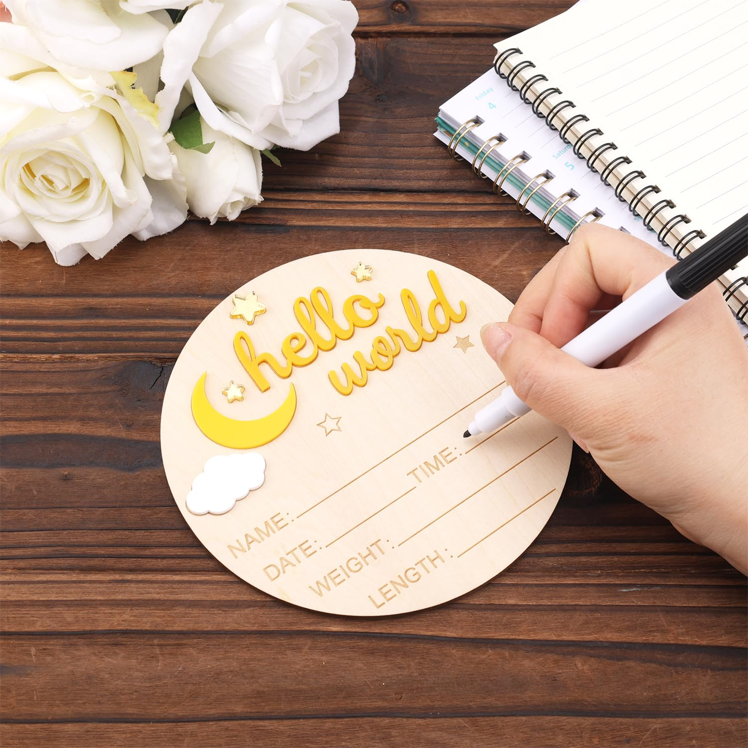 Wooden Hello World Newborn Sign, Cute Birth Announcement Board Baby Announcement Sign Newborn Welcome Sign Baby Name Plaque for Nursery Hospital Girl Boy Baby Shower Photo Props(Yellow) image number 3