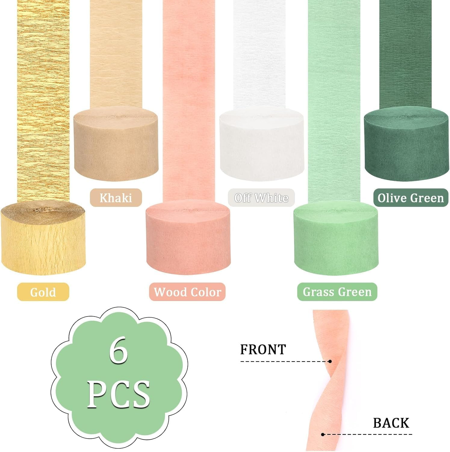6 Colors Green Khaki Gold Crepe Paper for Party Decorations, Green Gold Wedding Party Crepe Paper Streamers, Crepe Paper Streamers Party Decorations Colourful Streamer image number 2