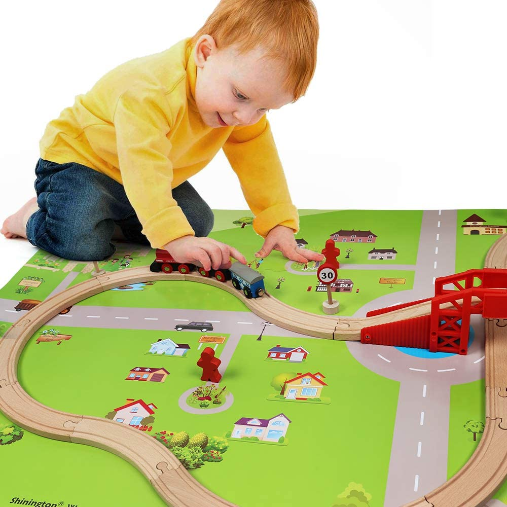 Wooden Train Set with Town Map-Shinington Railway Track Construction Building Toys for 3 Years Old Kids Boys Girls-Vehicles Transport Wooden Toys for Toddlers 3 4 5 Years Old image number 4