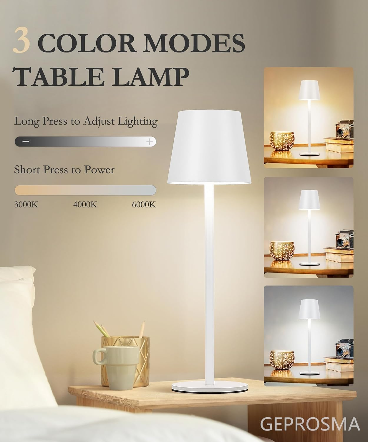 GEPROSMA Cordless Touchtable Lamp Bedside Lamp Rechargeable Battery Operated 4400MAH, Metal Modern Wireless Desk Lamp 38CM,3 LED Modes Dimming,Portable Light for Bedroom Living Room Outdoor,White