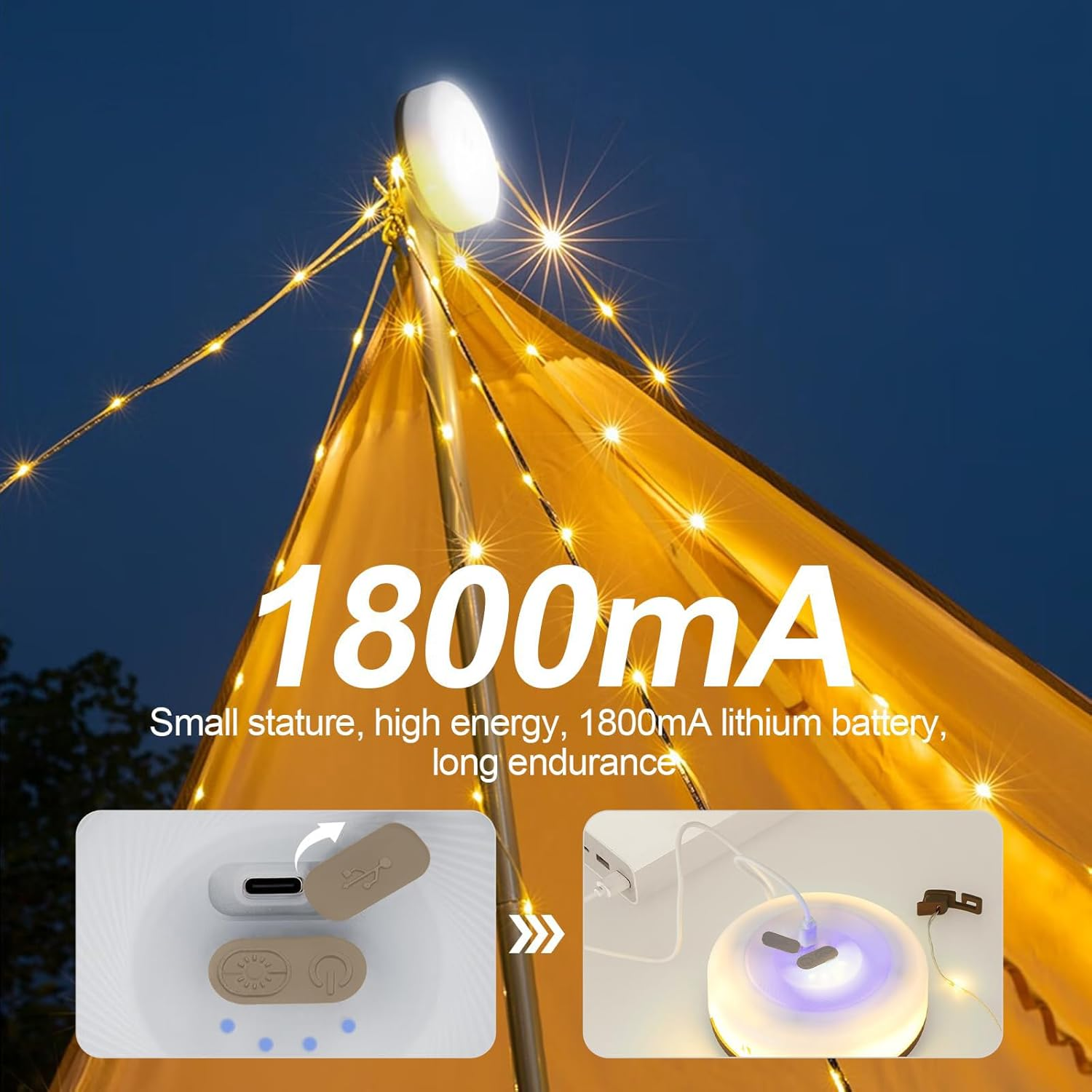 1-Pack Camping Lamp, 32.8FT Rechargeable Waterproof LED Hanging Light for Outdoor Camping Awning Tent Garden Party Festival Decor (Yellow) image number 2