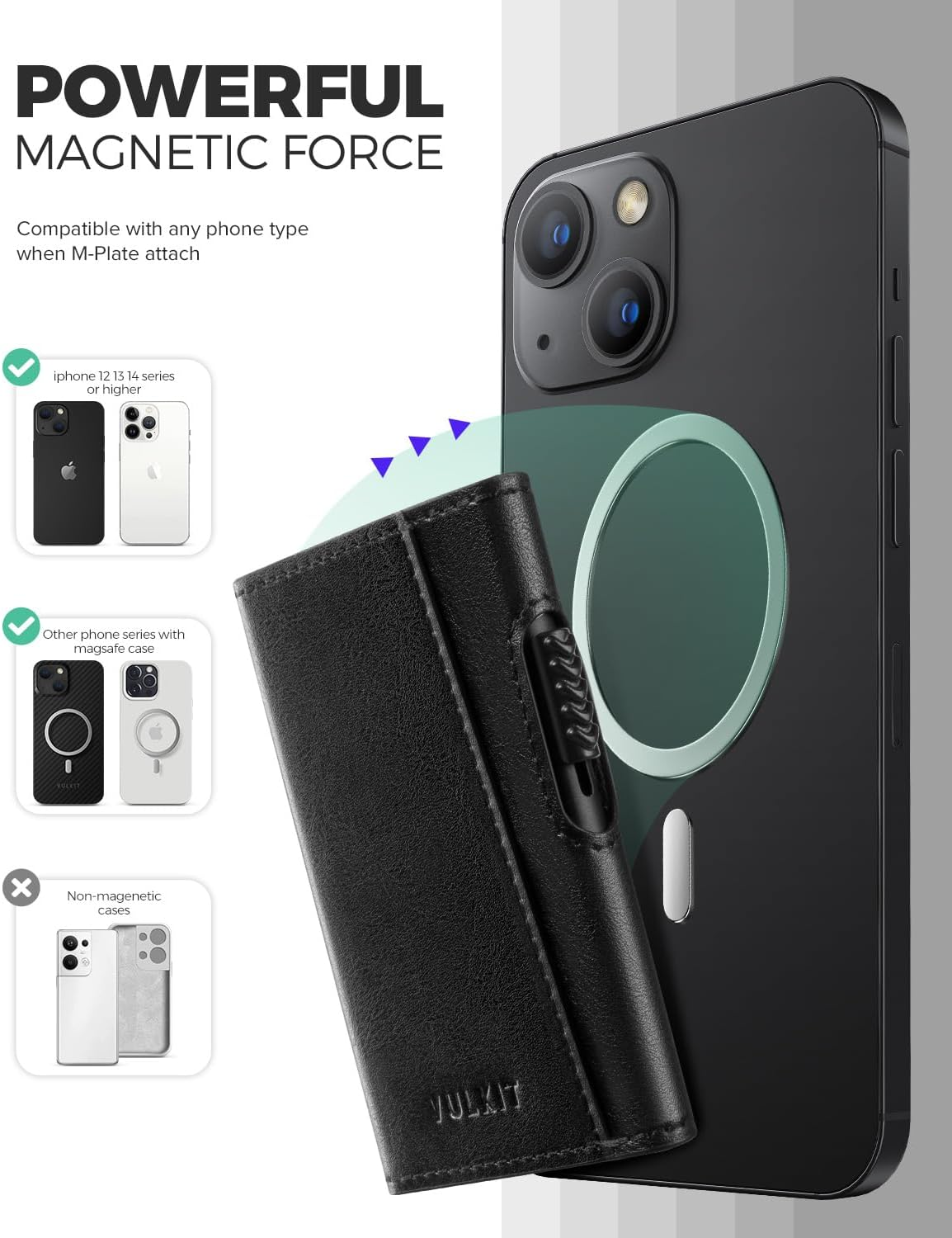VULKIT Magnetic Wallet Card Holder Phone Card Holders Slim Leather Pop up Case NFC/RFID Blocking, Compatible with Iphone 16/15/14/13/12 Series Black - Black / Black image number 6