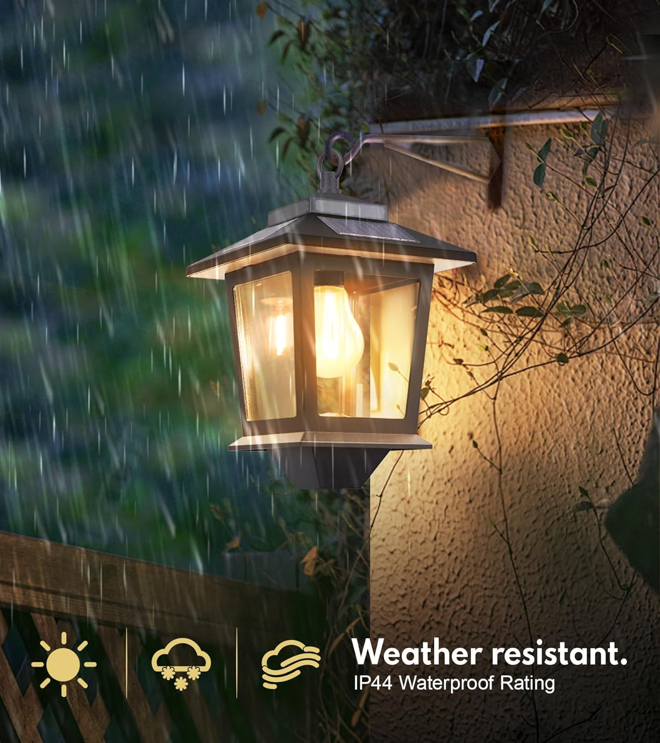 PASAMIC 2 Pack Solar Wall Lanterns with Replaceable Bulb,Outdoor Hanging Lights 4 Panels,Dusk to Dawn Led Outdoor Sconce,Anti-Rust Waterproof Hooks,3000K Warm White, Black image number 3