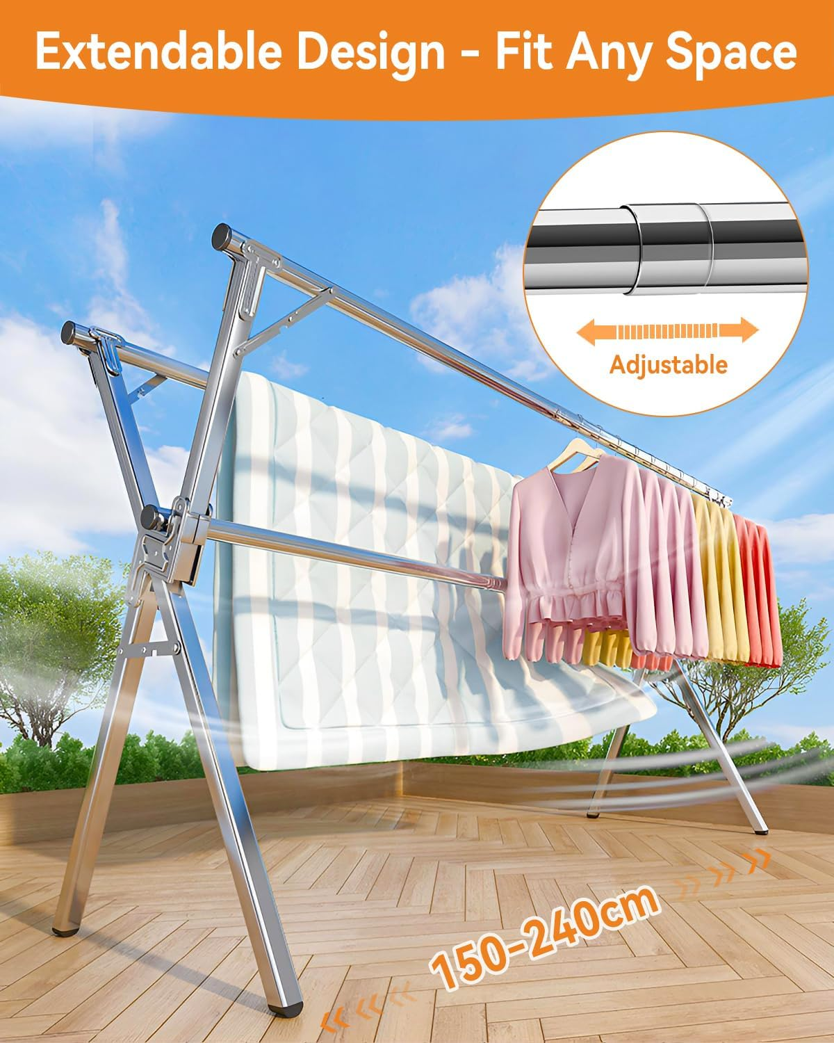 Taefuhnn 2.4 Meters Clothes Drying Rack, 95 Inch Heavy Duty Collapsible Stainless Steel Clothes Airer, Foldable Portable Laundry Drying Rack with 30 Windproof Hooks for Indoor Outdoor image number 5