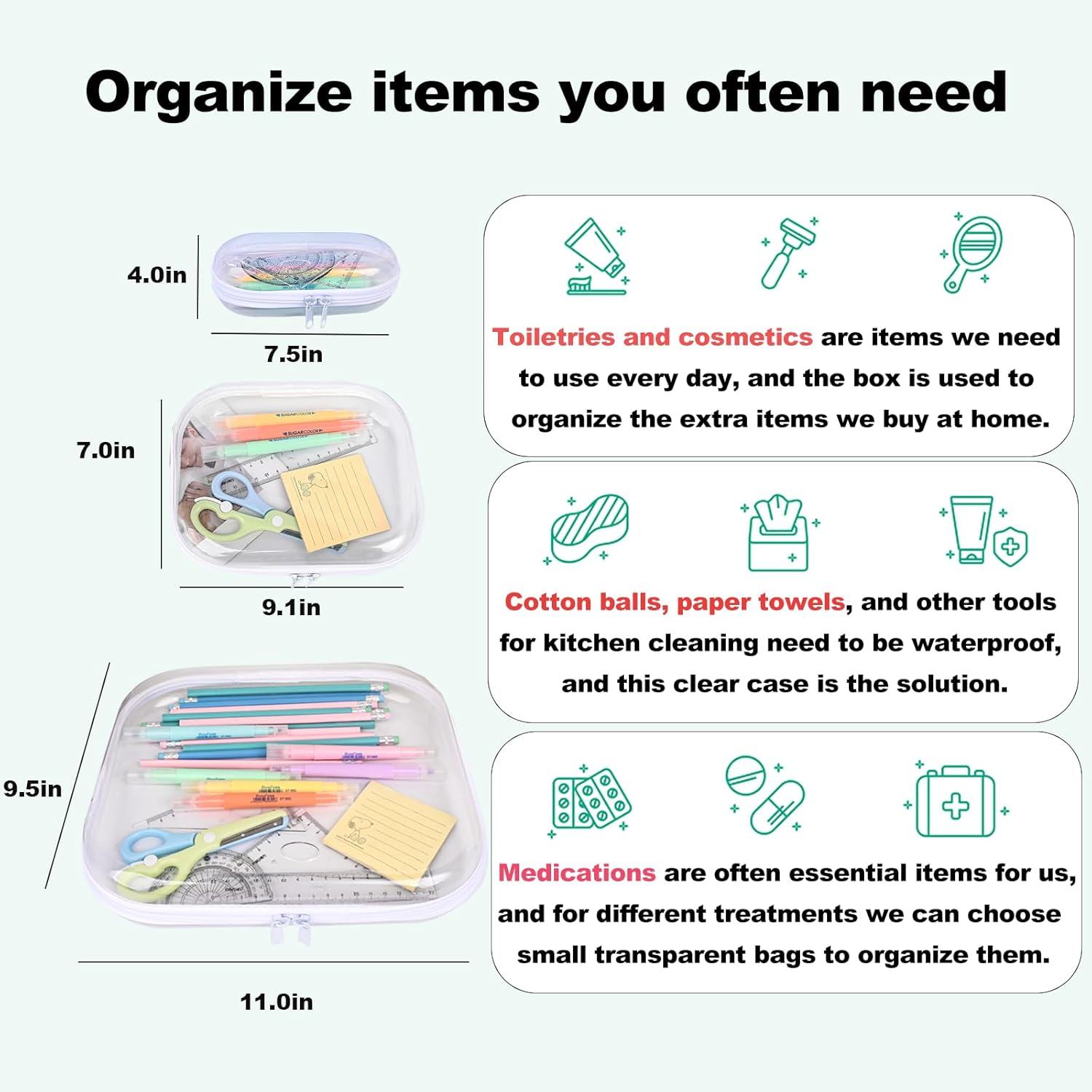 Clear Hard Shell Zipper Case,3Pcs Transparent Clear Zipper Pouches,Hard Side Plastic Case Set,Portable Travel Storage Organizer Bins image number 5