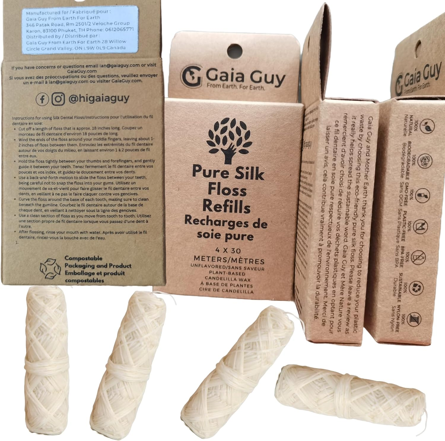 Gaia Guy Silk Dental Floss Refill | Unflavored Natural Silk | 4 Spools X 30 Meters | Compostable, Sustainable & Biodegradable Silk Flossing Thread & Eco-Friendly Packaging image number 2