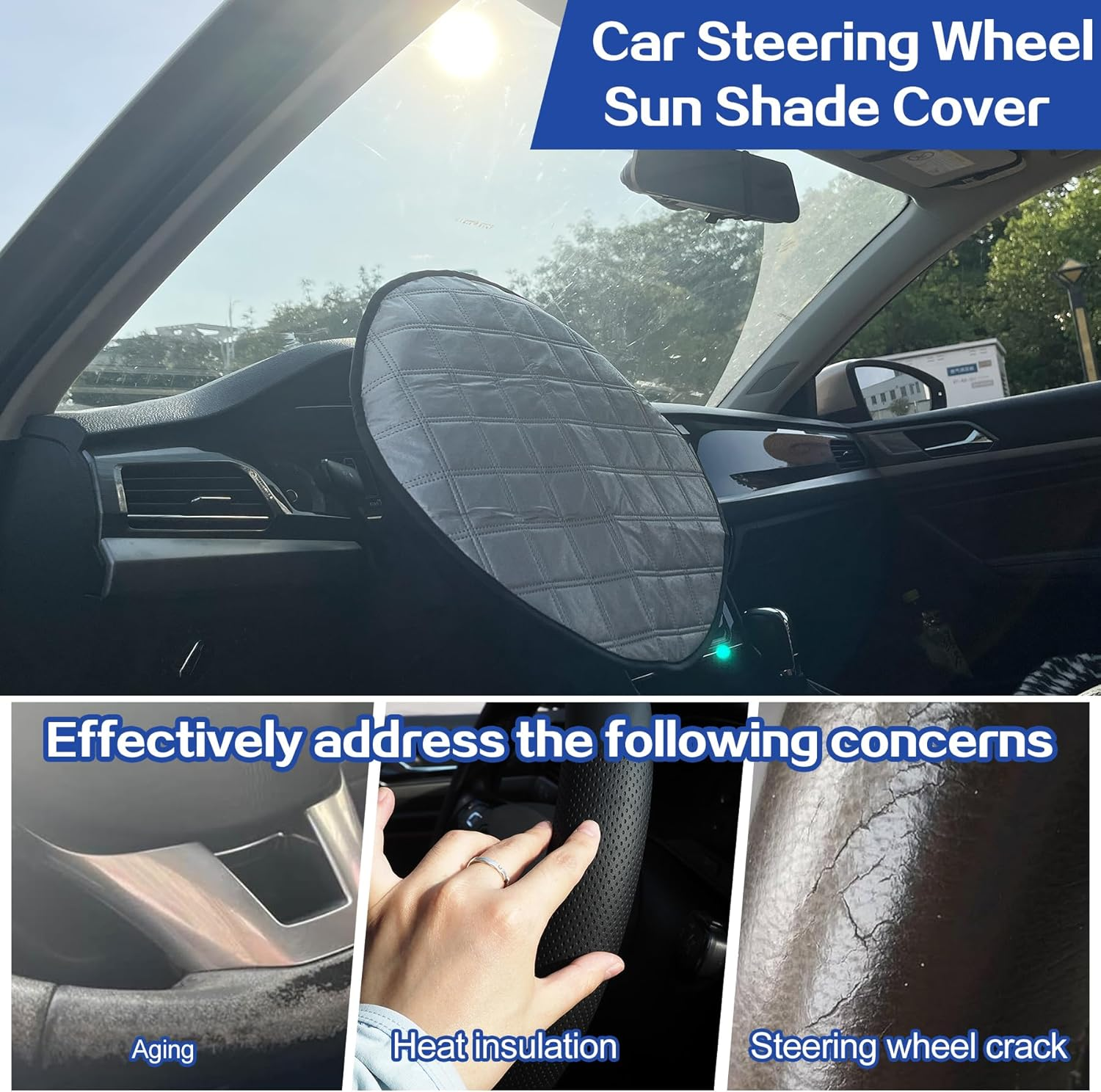 Car Steering Wheel Sun Shade Cover, Universal Steering Wheel Sun Block Anti-Heat UV Rays Block Aluminum Foil Sunshade Cover, Reflective & Foldable Interior Accessories for Sedan SUV Truck RV (Silver) - Black image number 2