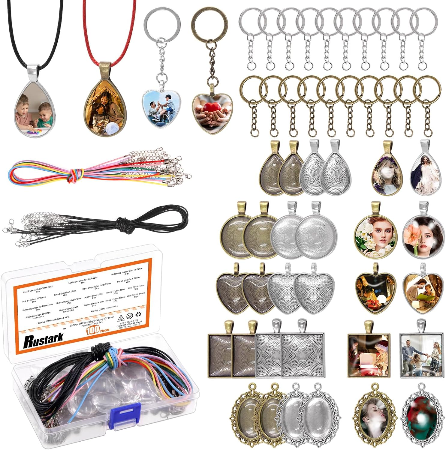 Rustark 100Pcs 5 Styles Pendant Trays Assortment Kit round Pendants Trays Set with Clear Glass Cabochon for Jewelry Making Crafting DIY Making image number 3