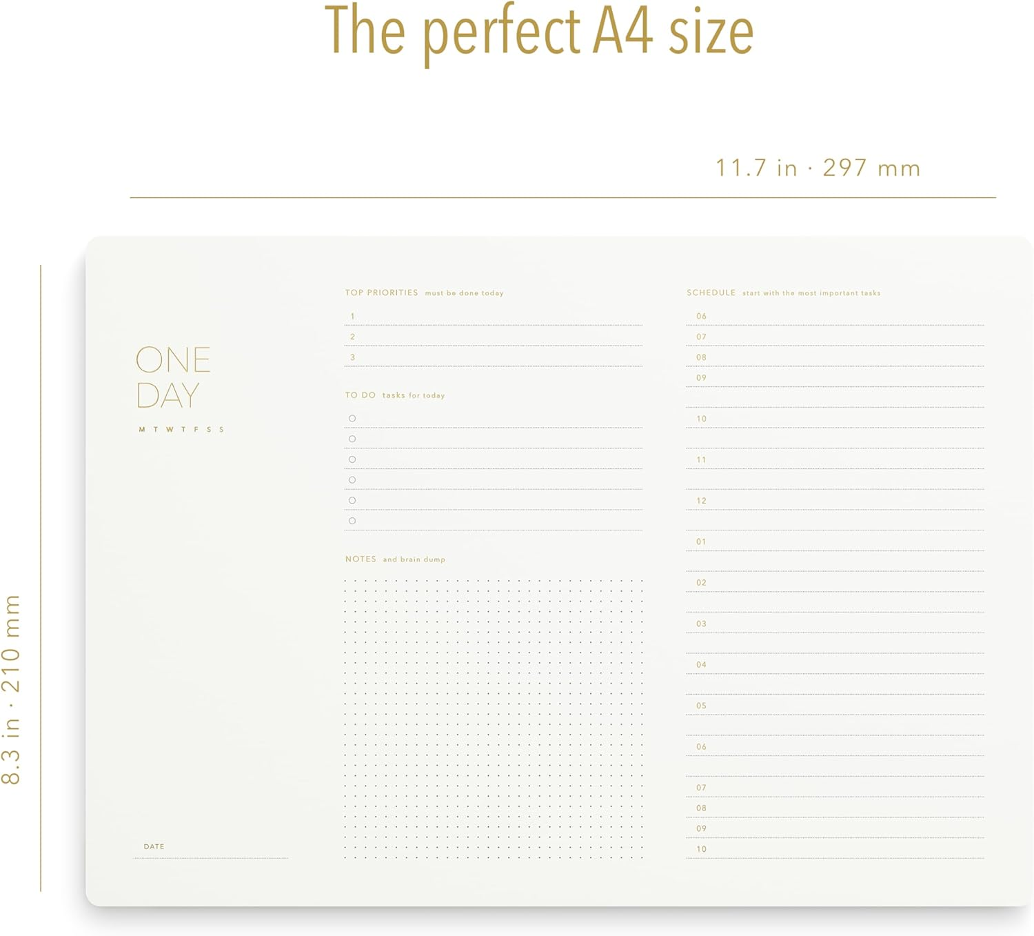 One Day, Elegant Daily Desk Planner, Gold Foiled, Minimalist Productivity Planner Pad, Time Blocking Hourly Schedule, to Do List Notepad, A4, 52 Pages, FSC&trade; Certified image number 1