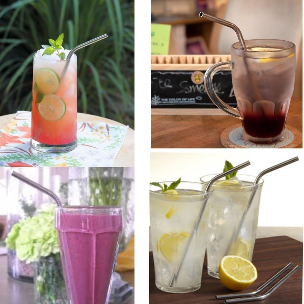 EKIND Stainless Steel Reusable Bent Drinking Straws and Cleaning Brush Set (Set of 4) image number 1