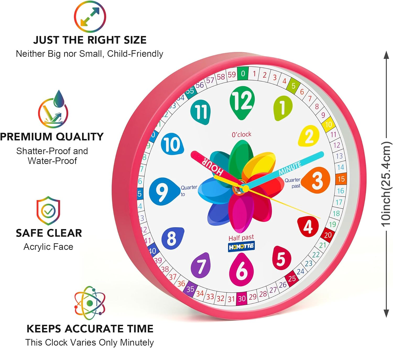 Homotte Analog Learning Clock for Kids, 10 Inch Pink Wall Clock for Bedroom, Telling Time Teach Clock, Children'S Silent Non-Ticking Educational Wall Clock for Classroom Girls Home Decor image number 4