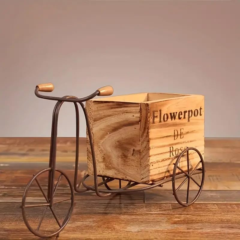 AIMALL Old Vintage Iron Bicycle Planter - Rustic Wooden Desktop Pot for Silk Flowers and Succulents - Decorative Display for Home and Office - Dimensions: 9.45 X 4.33 Inches image number 5