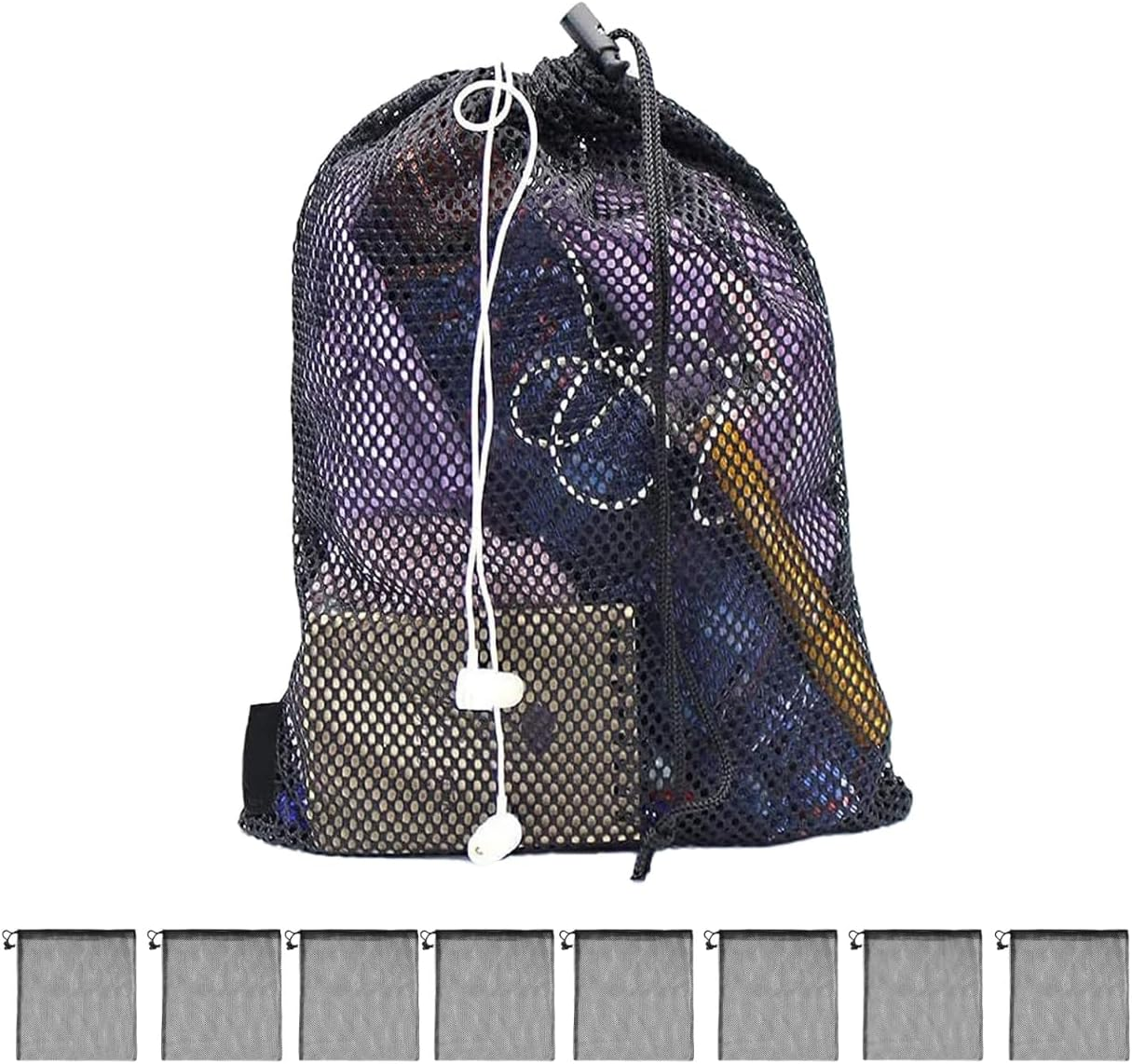 8PCS Mesh Bags Drawstring Bag Set - Nylon Mesh Drawstring Bags with Cord Lock Closure - Delicates Laundry Bag for Washing Machine - Small Gym Bag for Basketball, Volleyball, Football, Golf Stuff Balls