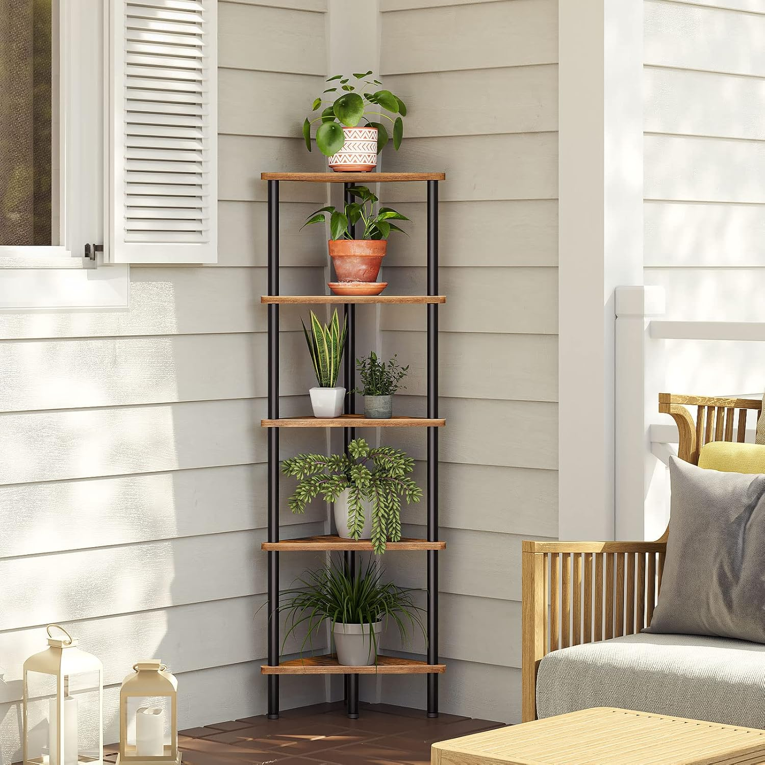 HOOBRO Corner Shelf, Industrial 5-Tier Wall Corner Bookshelf with Metal Frame, Corner Shelf Stand Display Plant Flower, Corner Bookcase for Small Spaces, Bedroom, Living Room, Rustic Brown BF33CJ01 image number 6