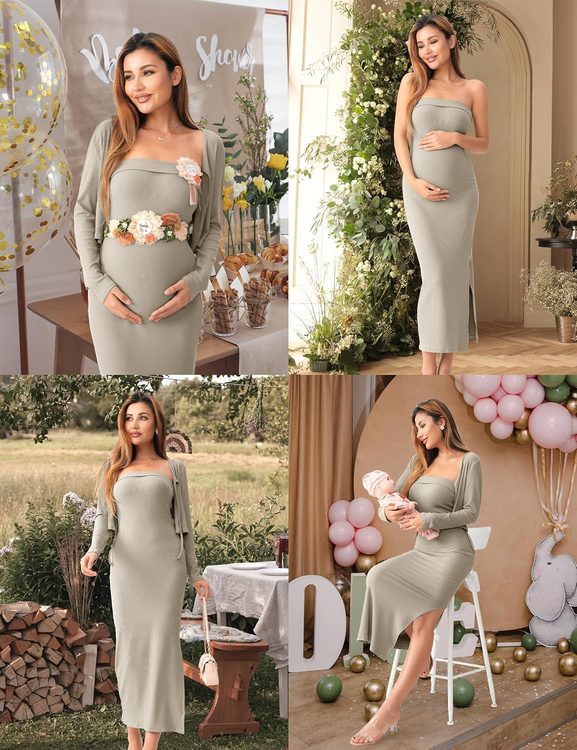 SUNNYBUY Baby Shower Maternity Tube Dress Short Cardigan Bodycon Ribbed Maxi Dress Casual 2 Piece Pregnancy Outfit Set, Taupe, Xx-Large image number 1