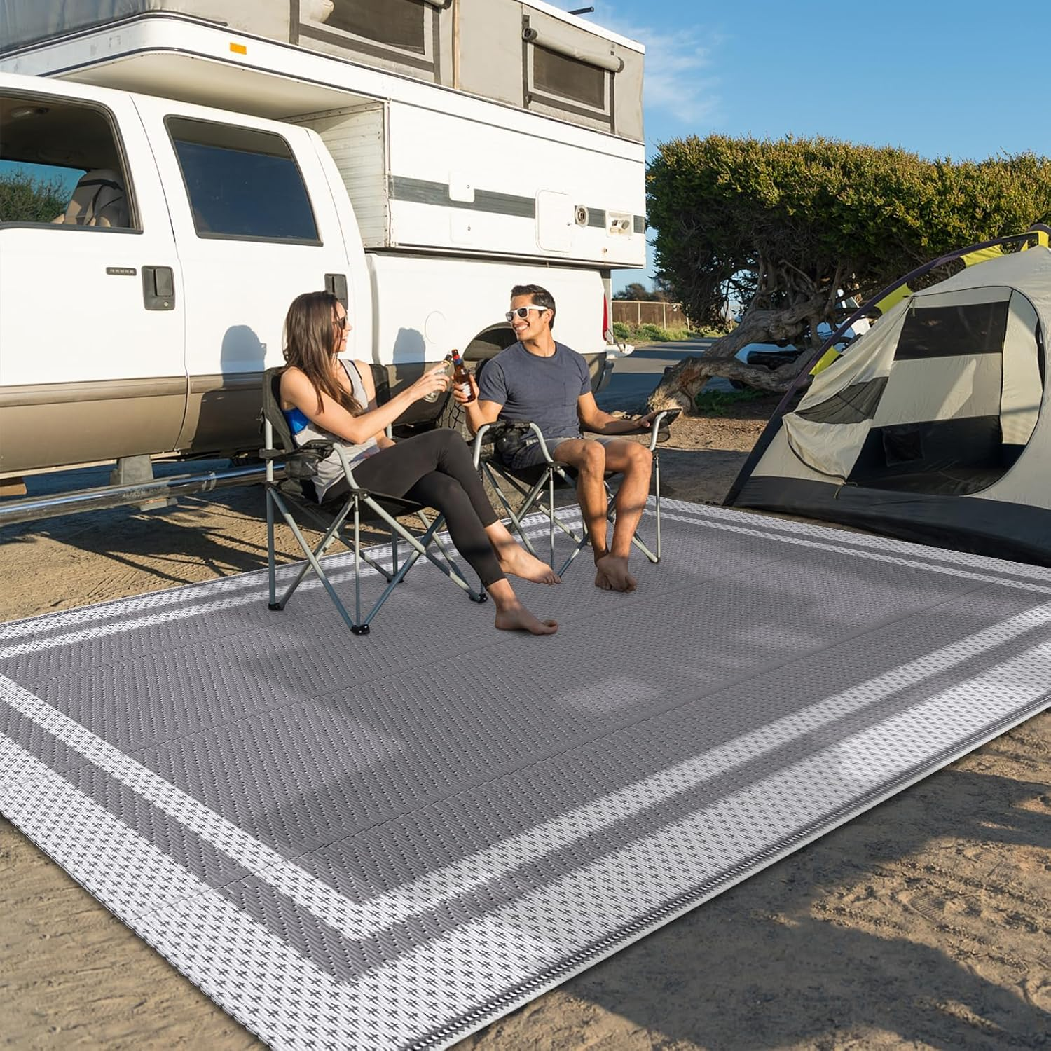 Happytrends Outdoor Rug Reversible Portable Plastic Straw Camping Rugs for outside Rv,Large Waterproof Outdoor Area Rugs for Patio,Deck,Porch,Balcony(5'X 8',White&Gray) image number 2