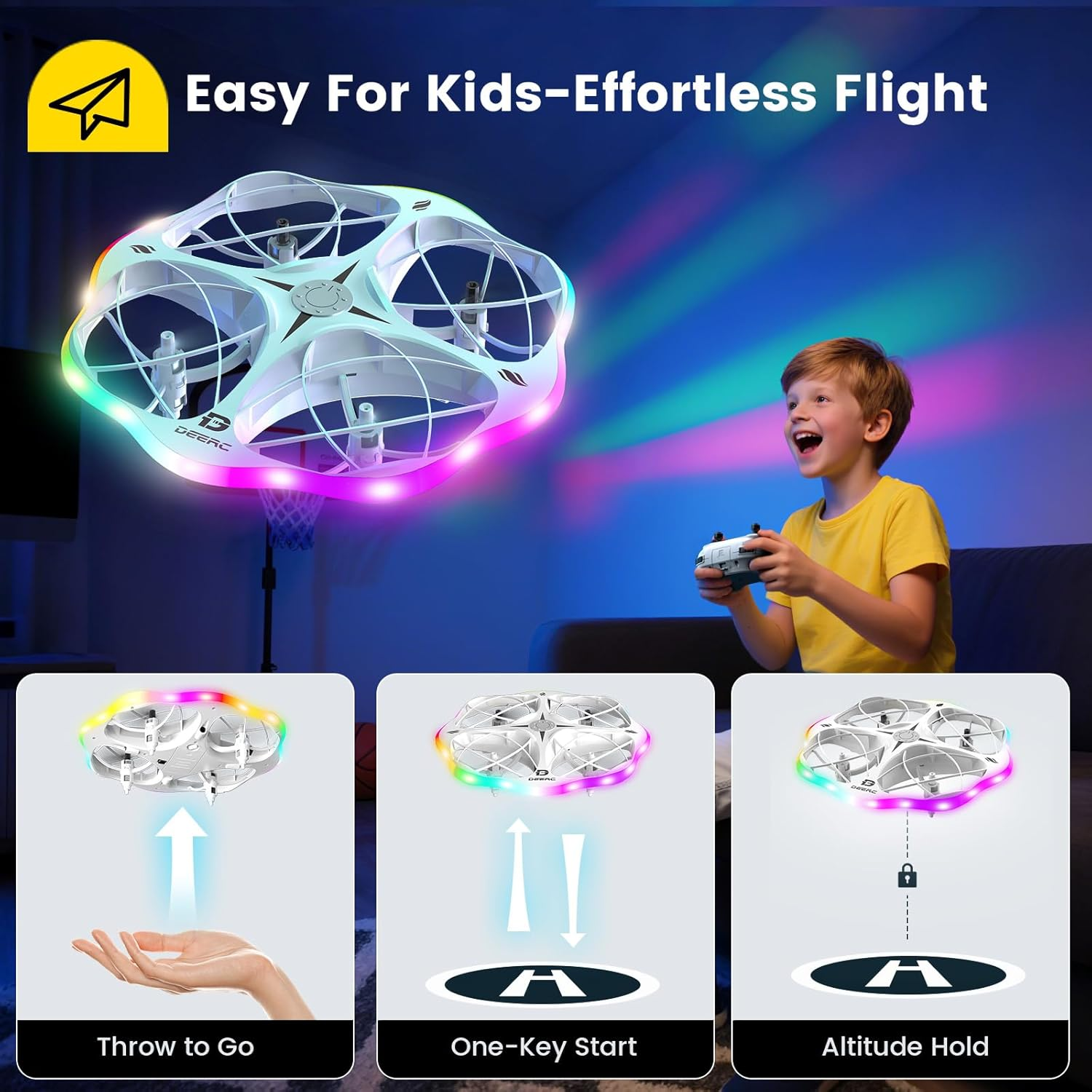 DEERC D13 Mini Drone for Kids with Obstacle Avoidance, 6 Lighting LED Modes, Easy Small UFO Toys with 3 Batteries Longer Flight Time, Throw to Go, 3D Flips, Birthday Gift,For 6-12 Year Old Boys Girls image number 1
