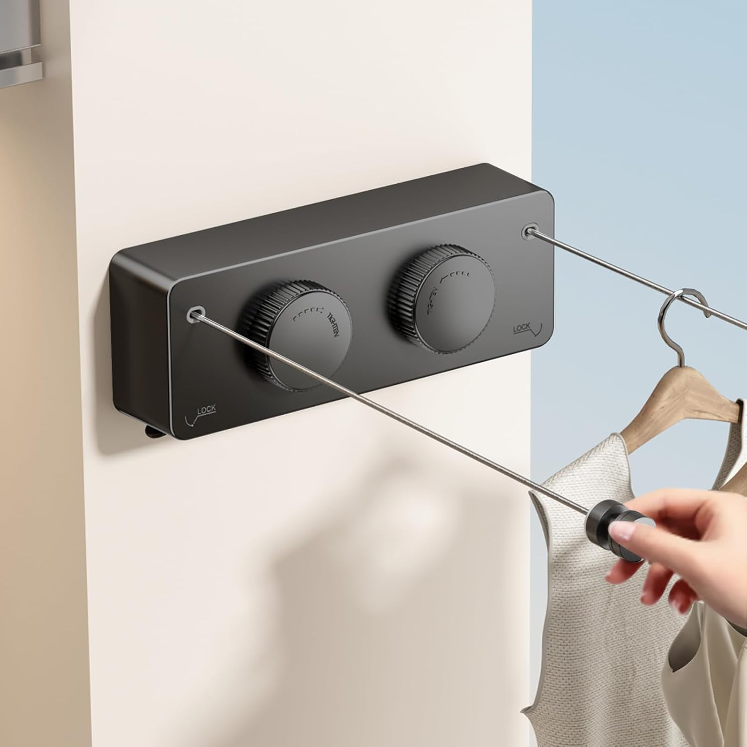 MUSTORN Clothesline Extendable Outdoor, Non-Saggy Double Rope, Retractable Washing Line Balcony Indoor Extendable for Drying Laundry Wall, Two Lines, Stainless Steel Rope, 4.2 M (Black) image number 4