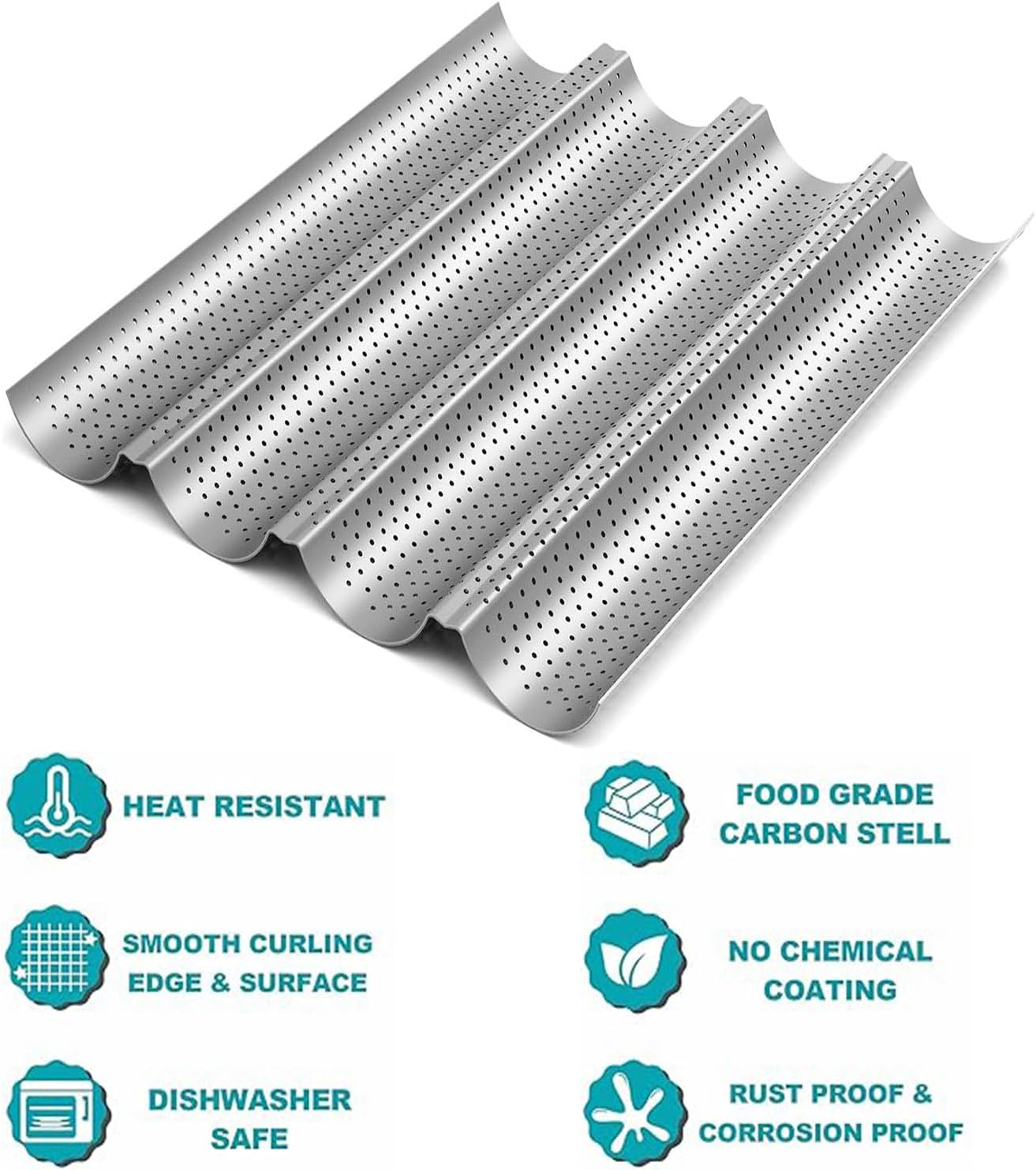 Roczential Baguette Bread Pan Premium Nonstick Perforated Baguette Pan for French Baking 4 Loaves Baguette Baking Tray Sourdough Italian Bread Perfect for Creating Crisp Golden-Brown Crust image number 2