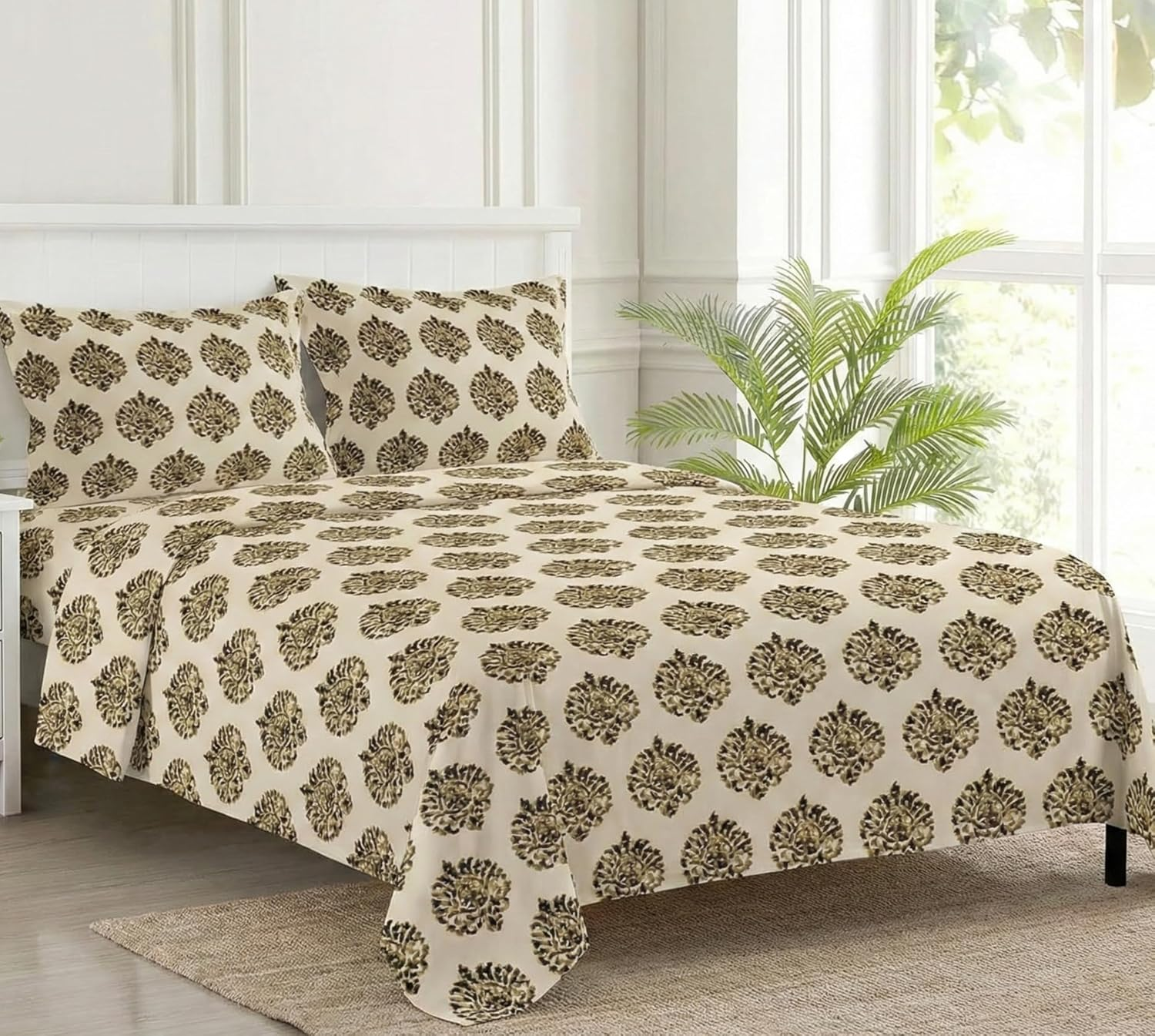 Trance Home Linen 200TC 100% Cotton Queen Size Printed Bedsheet | Bedding Set of Queen Size Flat Bed Cover with 2 Pillow Covers (86X104 Inch | 7.1Ft X 8.6Ft - Damask Forest Green) image number 4