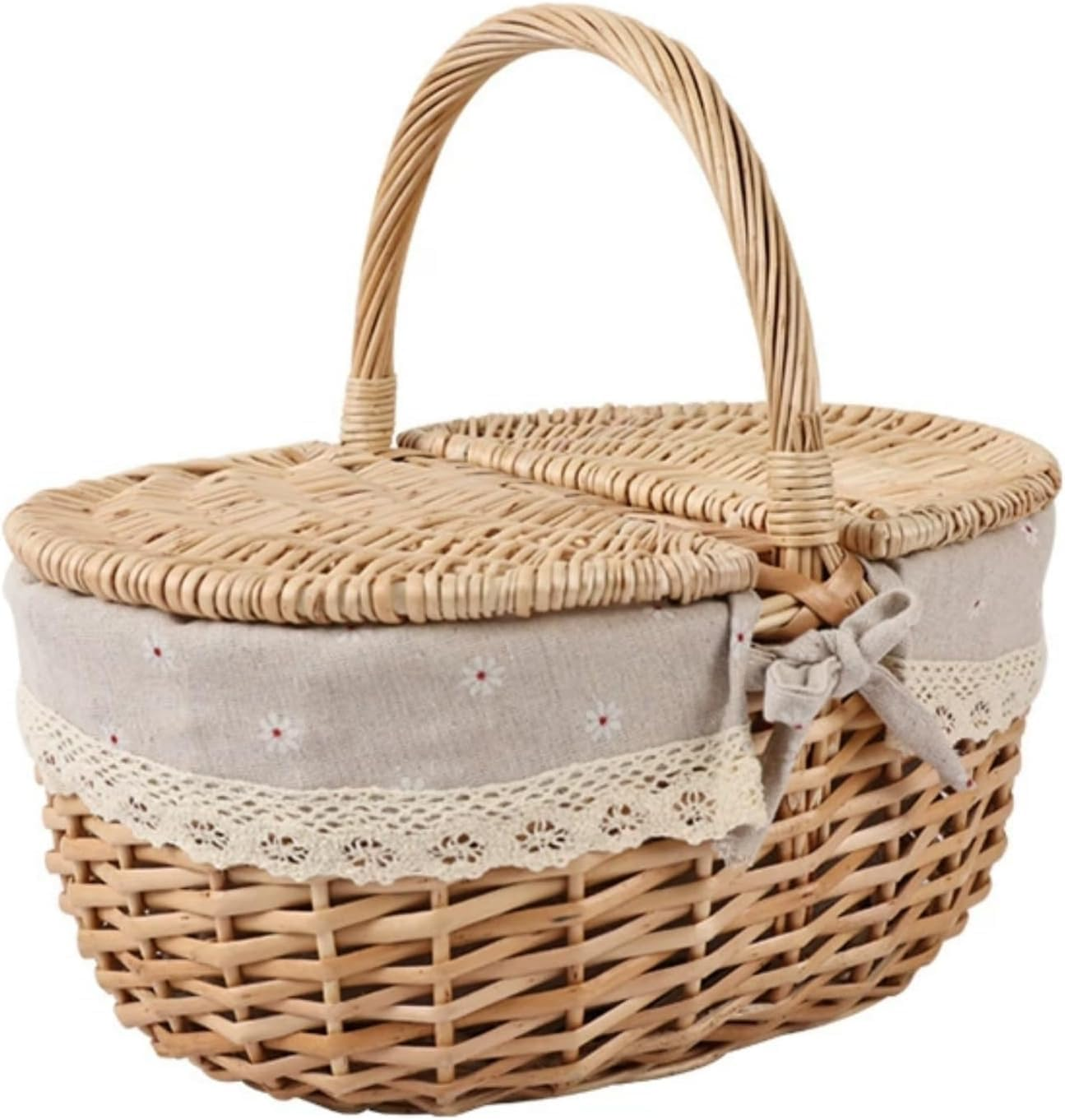 Picnic Basket, Wicker Basket with Foldable Handle Lid and Removable Liner, Rustic Woven Wicker Basket for Outdoors, Home Decoration, Beach Parties, Halloween, Christmas, Valentines, Birthday (Red)