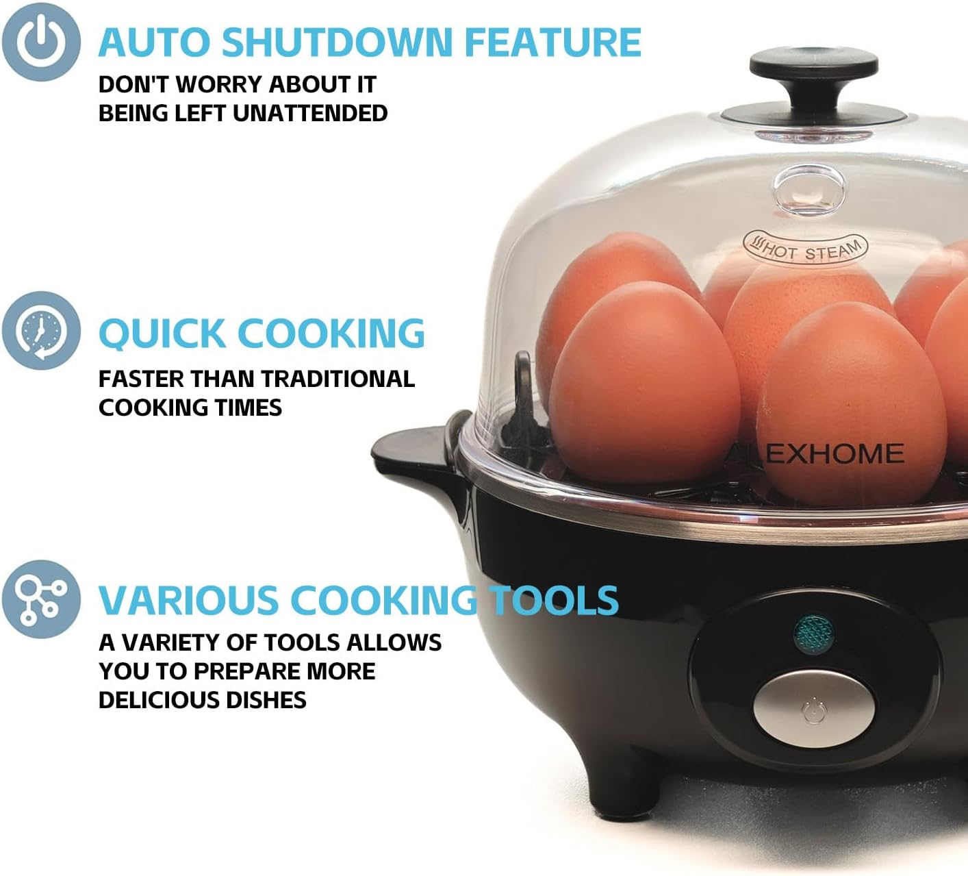 ALEX HOME Rapid Egg Cooker, 7 Capacity, Soft Medium Hard Boiled Eggs, Poacher & Omelet Maker, Auto Shut-Off & Buzzer, Easy Clean &ndash; Black