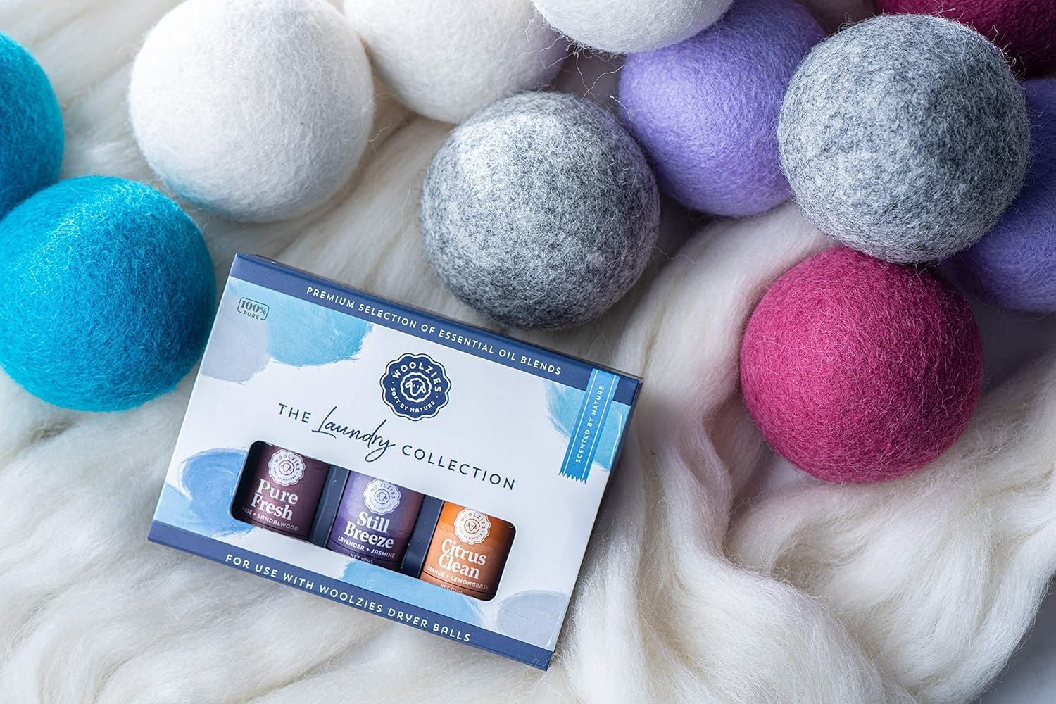 Woolzies Laundry Collection Essential Oil Set | 100% Pure Therapeutic Grade Aromatherapy Oil | Use with Wool Dryer Balls or Oil Diffuser | Gift Set Includes Petal Fresh, Still Breeze, Citrus Clean image number 2