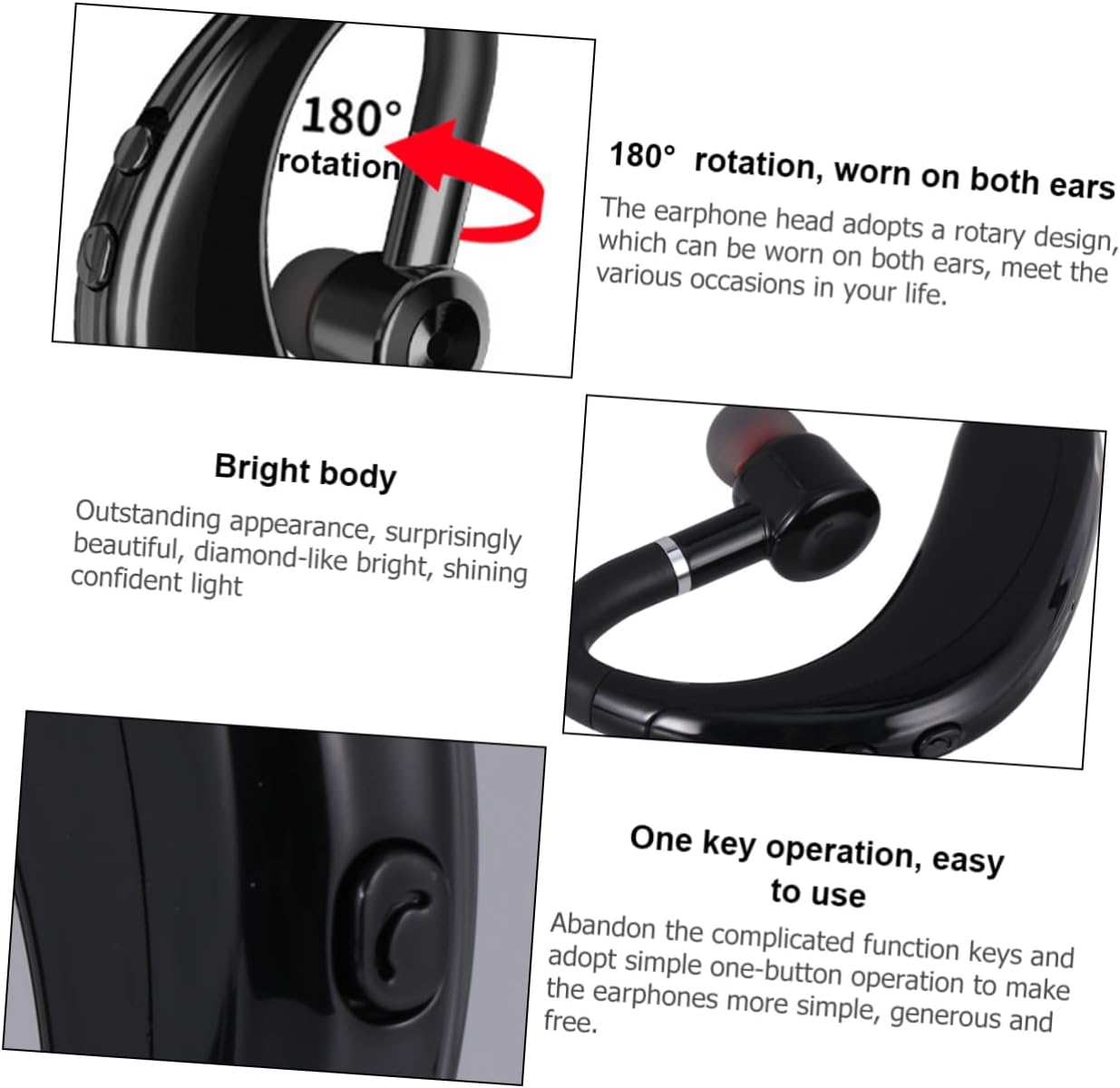 POPETPOP Wireless Earphone Earpiece for Driving Long Battery Life, One-Side Ear Hook Design, Black Wireless Earbuds for Workout and Business Use