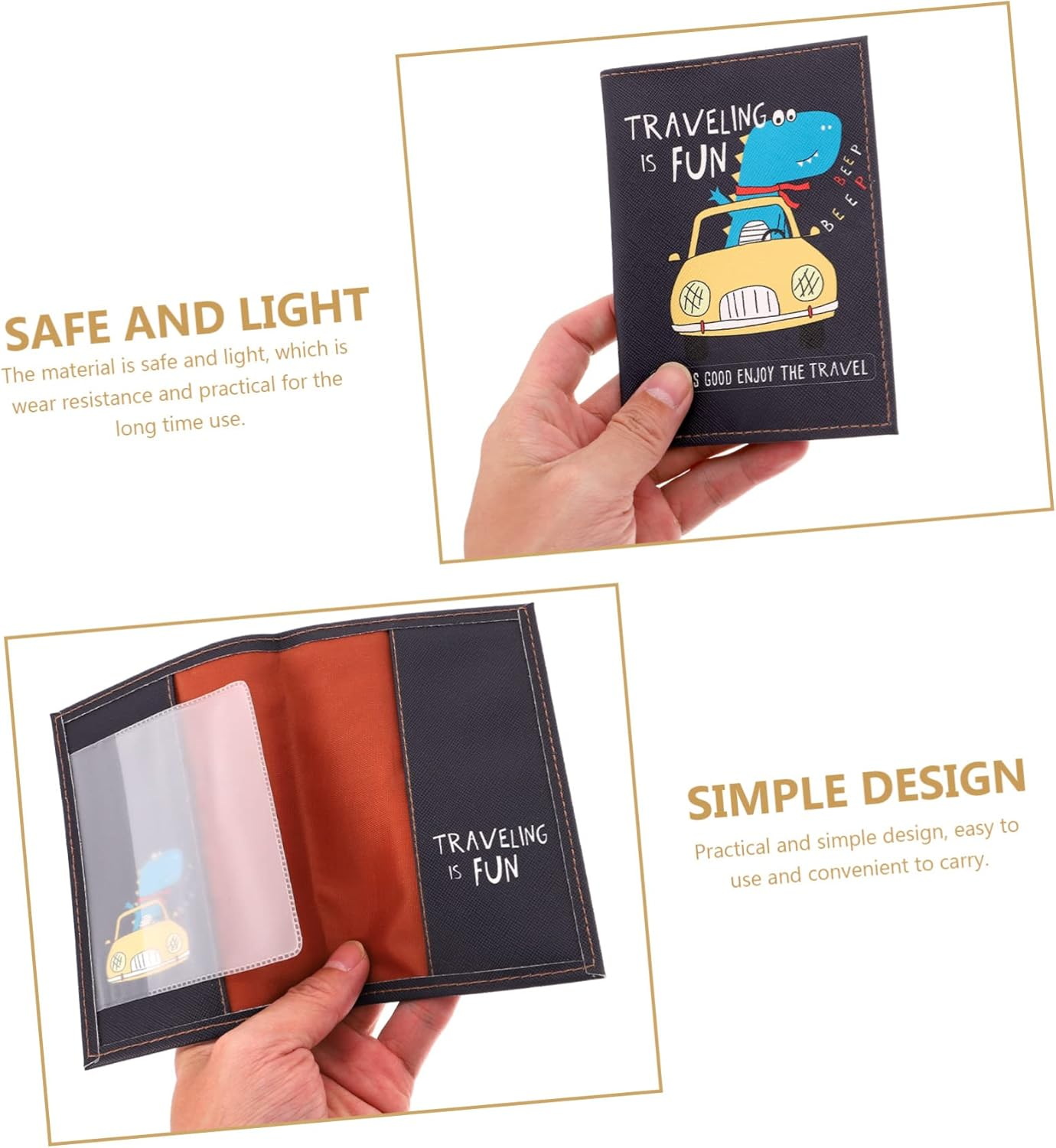 SHERCHPRY Travel Document Holder Case Cartoon Dinosaur Style Card Slots Bank Cards Pouch Pocket - Black image number 3