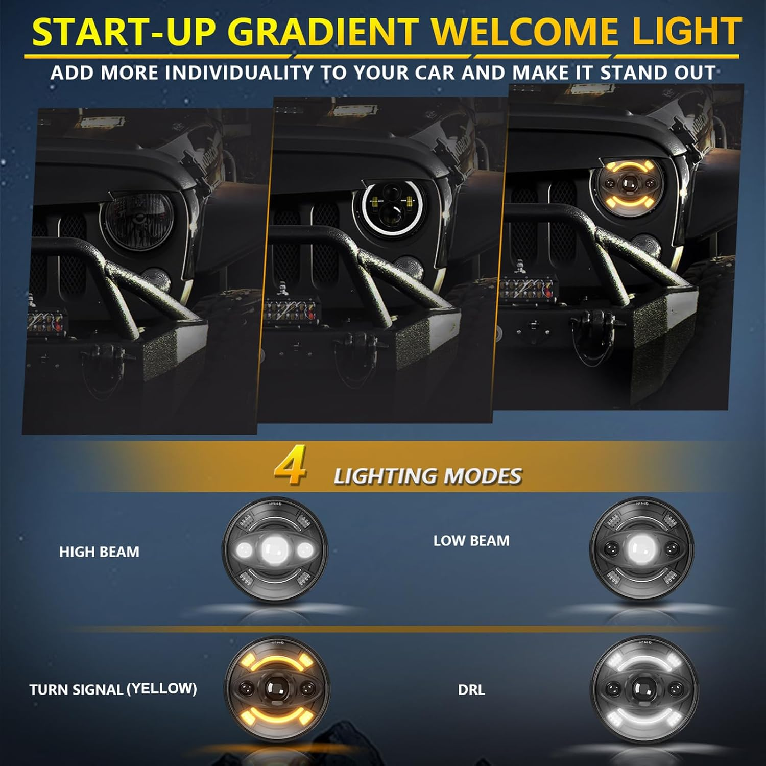 LAPOOH 1Pcs 7 Inch LED Headlight with Hi/Lo Beam, DRL and Turn Signal Waterproof 7 Inch round Headlight image number 4