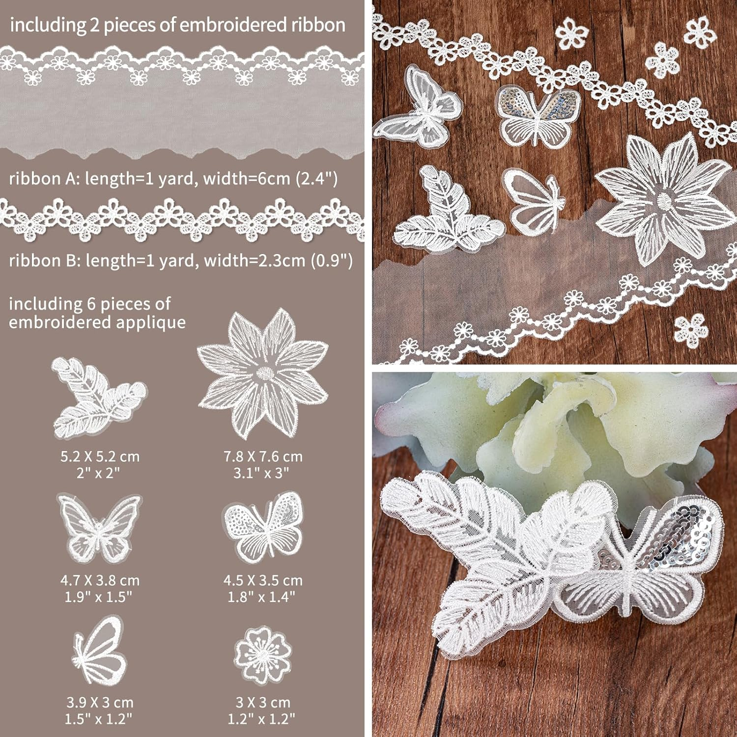 Vintage White Flower Decorative Paper Scrapbooking Paper Pack Aesthetic Paper with Lace Ribbon Embroidered Applique of Butterfly Flower Leaf for Junk Journal Diary Planner Art Supplies Kit (Purity) image number 4