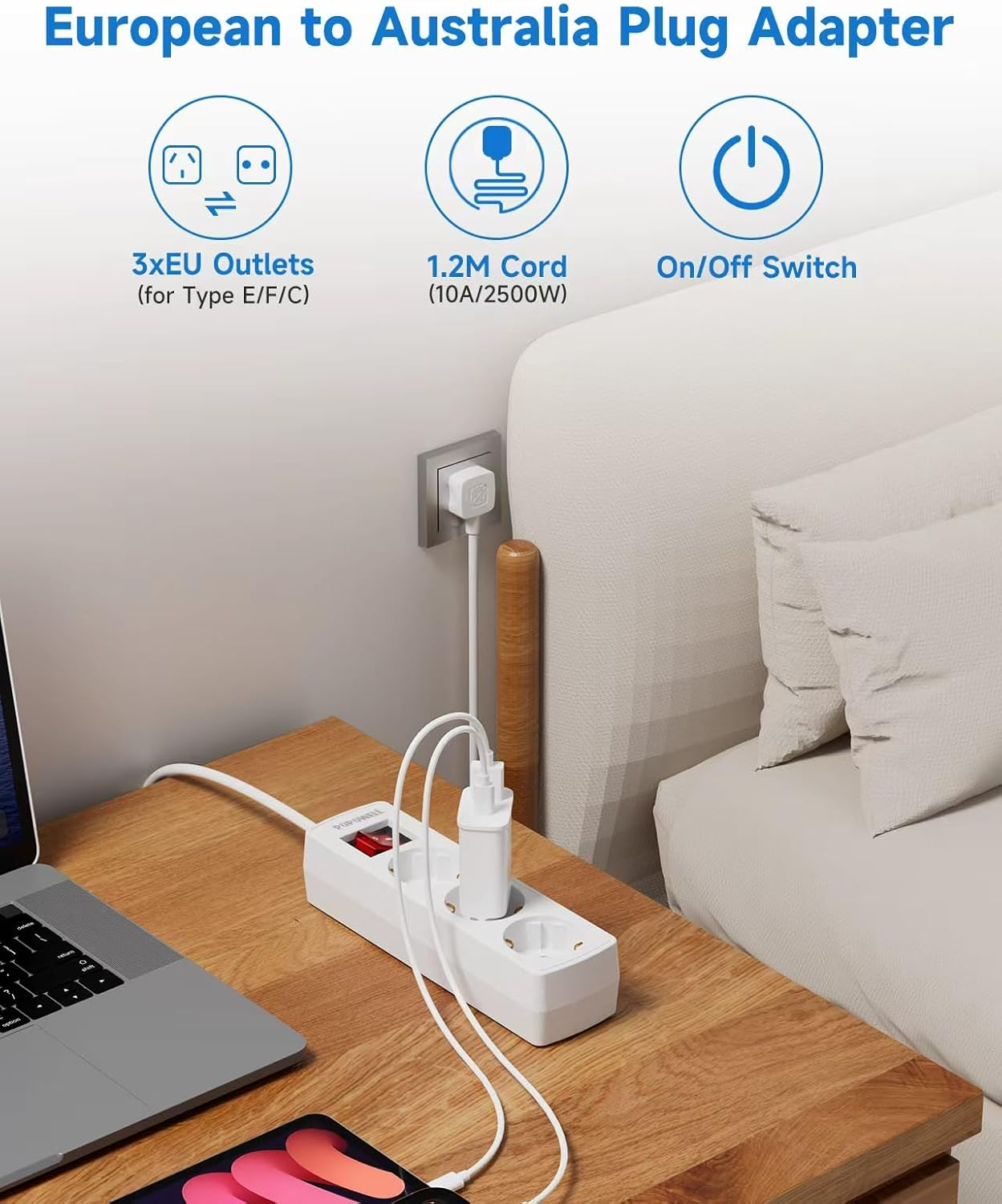 EU to AU Plug Adapter, European to AU Adapter, 3 AC Outlets for European Electronic Devices, Travel Indoor from France, Italy, Spain, Germany,10A/2400W image number 6