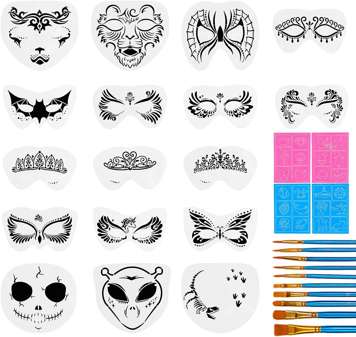31 Pieces Face Stencils Kit, 17 Reusable Large Face Paint Stencils, 4 Small Stick Paint Stencils and 10 Pieces Painting Brushes for Kids Face Painting, Tattoo Stencils, Holiday Halloween Makeup image number 1