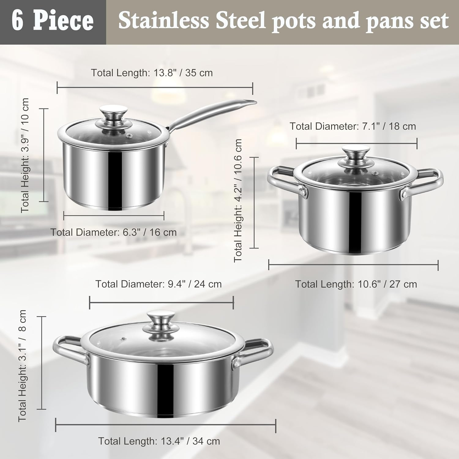 SHEUMNT Stainless Steel Pots and Pans Set, 6 Piece Nonstick Induction Kitchen Cookware Set, Works with Induction/Electric and Gas Cooktops, Nonstick, Oven Safe, Camping Cookware image number 6