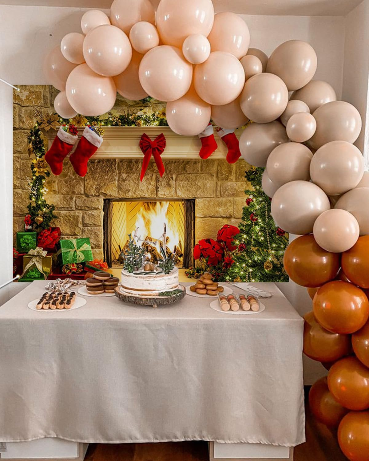 Mocsicka Christmas Themed Background Christmas Fireplace Backdrop Christmas Tree Gift Box Red Boots Adorn Background 8X6Ft Vinyl Backdrop Childrens Party Photography Background image number 4