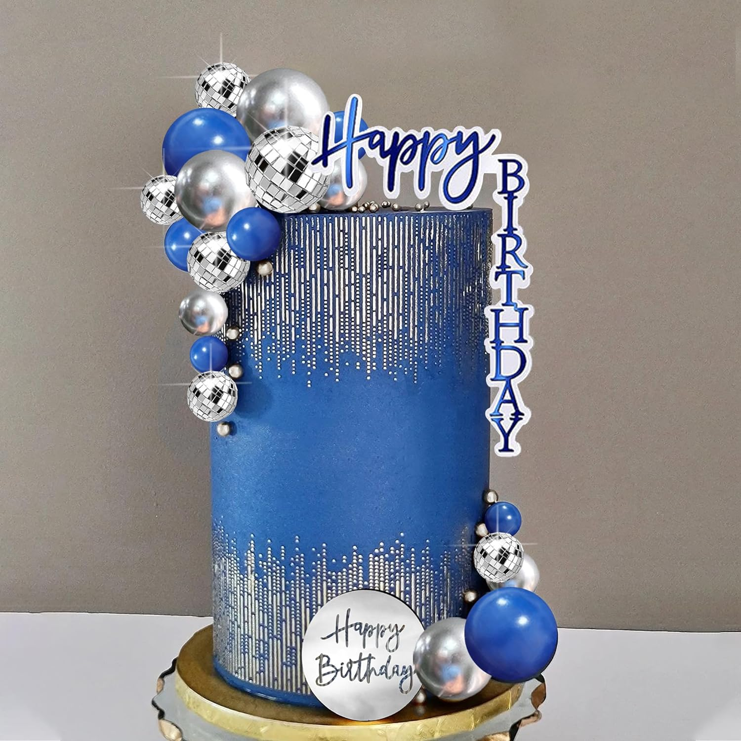 DRWATE Man Cake Topper Blue Silver Disco Ball Cake Topper Boho Cake Topper Decorations for Navy Blue Boho Wedding Man Boy Birthday Party Baby Shower Supplies (Blue 02)