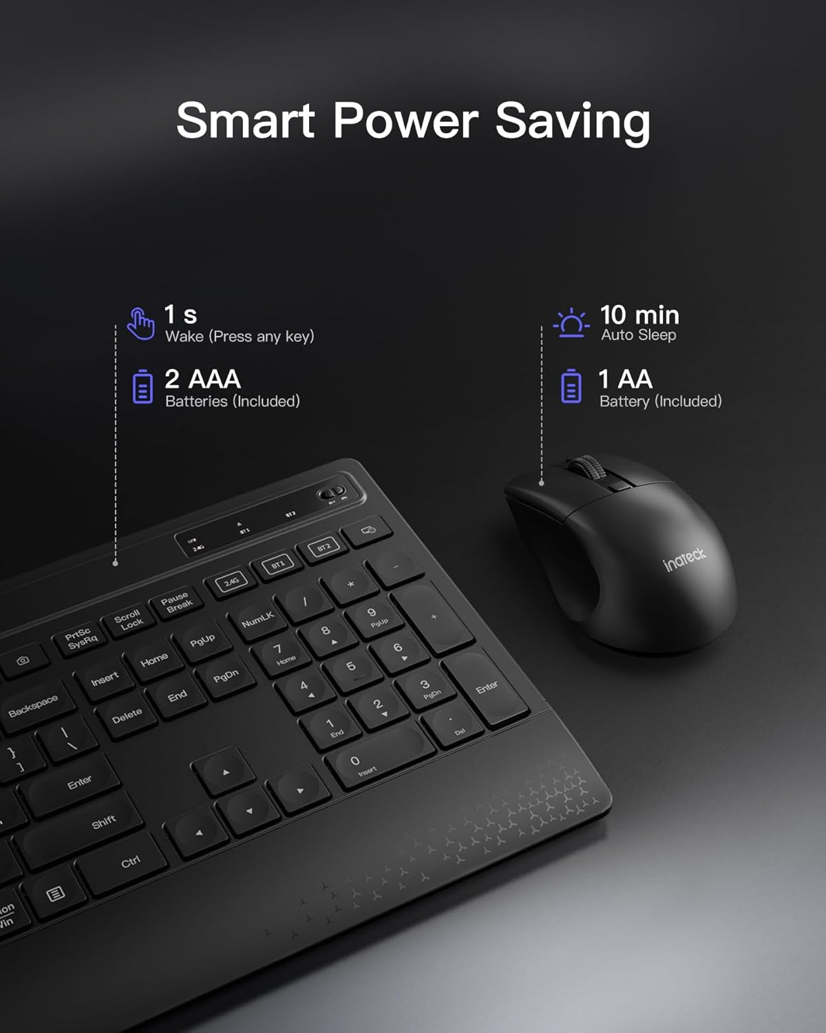 Inateck AI Wireless Keyboard and Mouse Combo, Full-Size Ergonomic Keyboard with Wrist Rest & Phone Holder, 2.4Ghz Bluetooth Silent Design for PC, Laptop, Mac, Windows image number 3