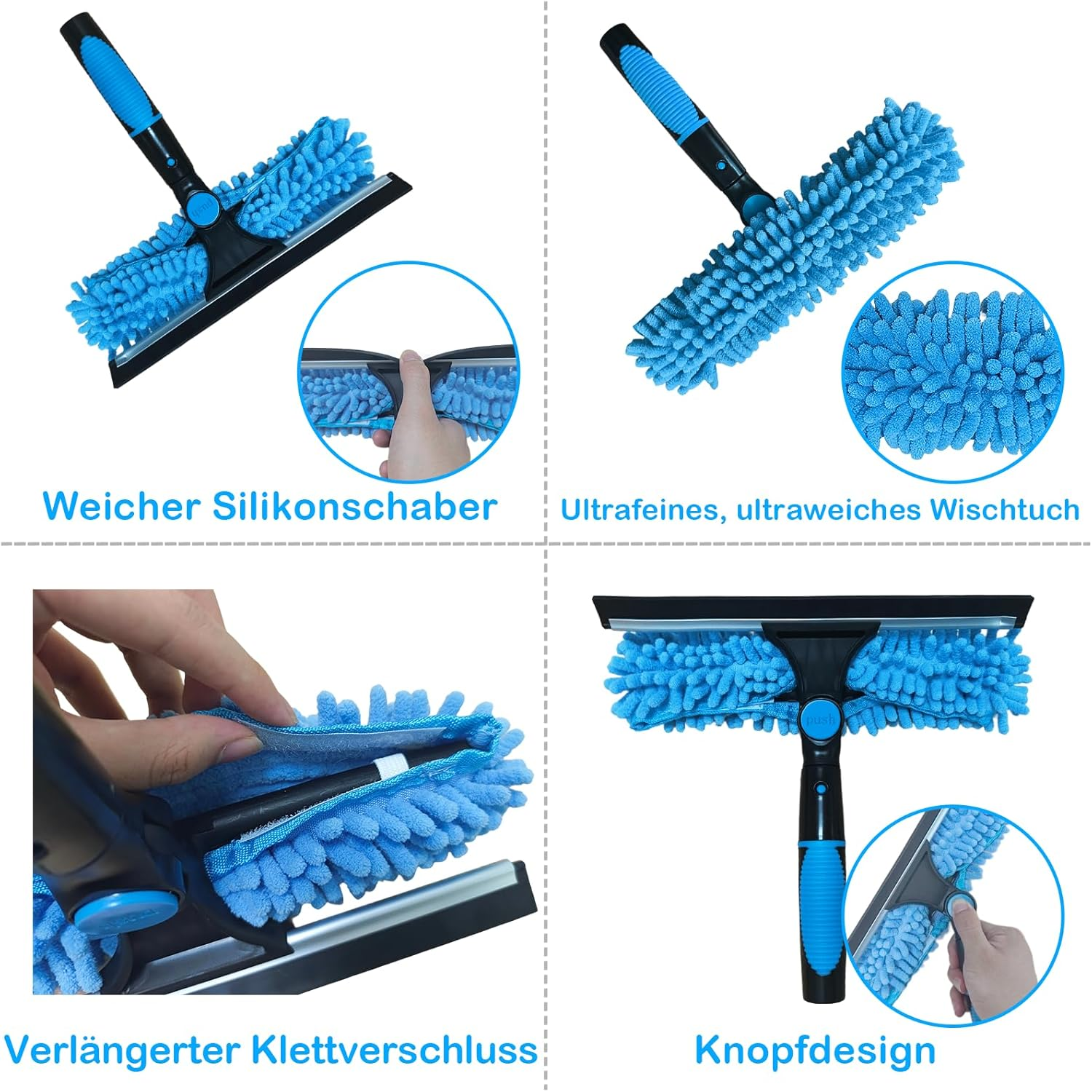 Telescopic Window Wiper Set, 4.2 M Window Cleaner with 10 Extension Rods, Chenille/Coral Velvet Replacement Fabric, Shower Squeegee, 2-In-1 Window Cleaning Set for High Windows, Walls, Car Glass image number 4