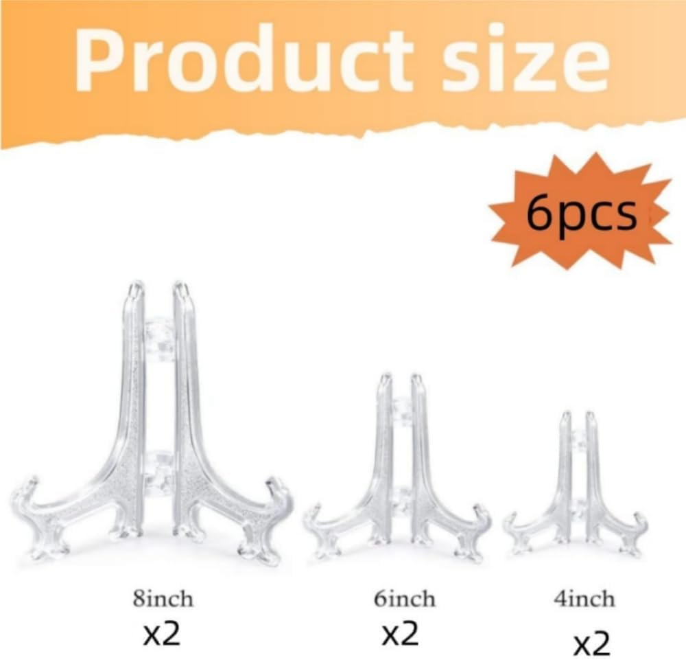 DACUAN 6Pcs Clear Plastic Easels, 4/6/8 Inch Acrylic Easels Stand, Decorative Plates Stand, Display Holders for Pictures, Photo Frames, Greeting Cards, Tabletop Artworks, Place Card, Collectibles image number 1