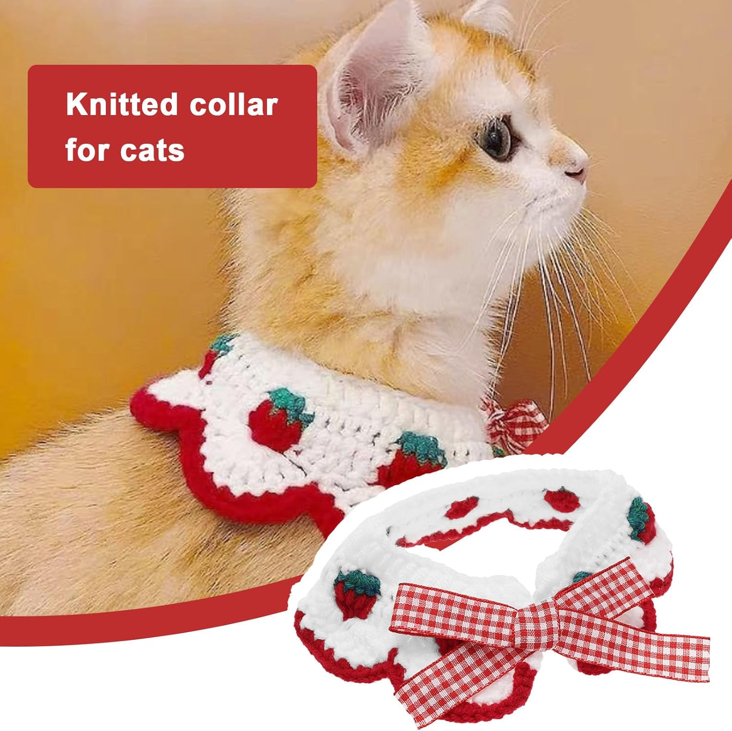 Emagtech 2 Pieces Knitted Collar for Cats Neck Circumference 20-25 Cm Suitable for Cats Weighing 2-4 Kg with Cute Bow Tie and Strawberry Pattern for Cats Kittens and Puppies (S)